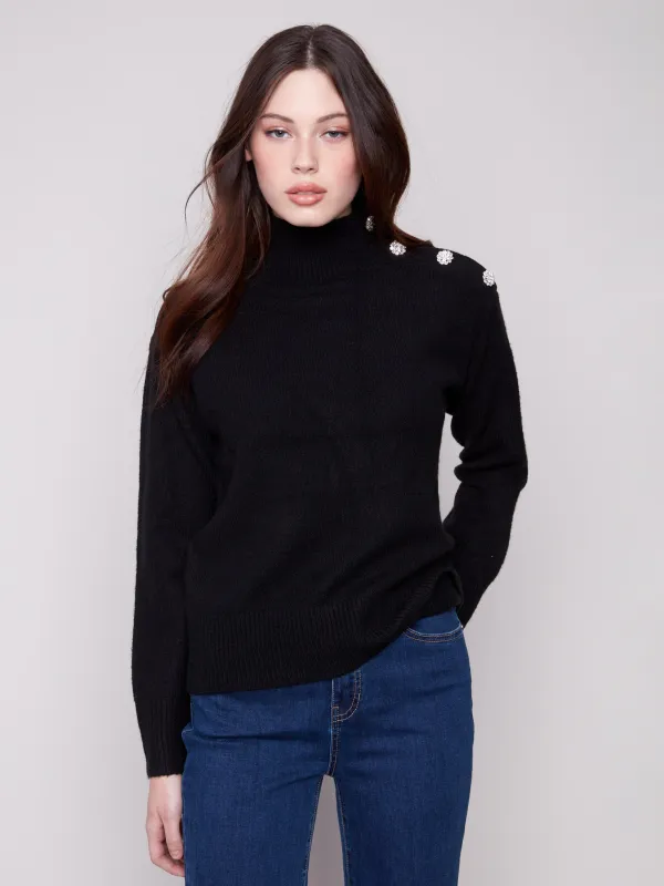 Mock Neck Sweater With Fancy Buttons - Black sold by Charlie B