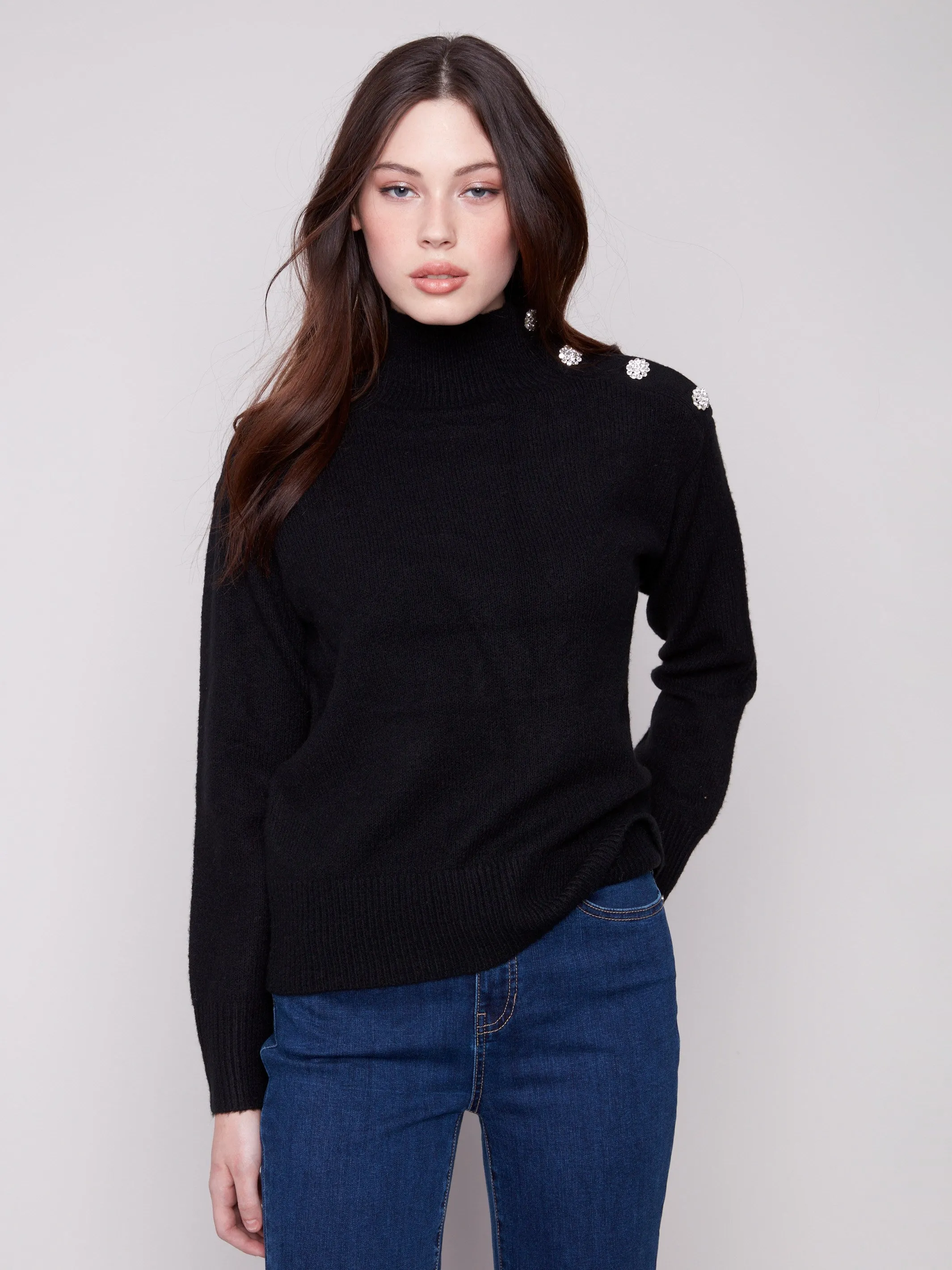 Mock Neck Sweater With Fancy Buttons - Black sold by Charlie B