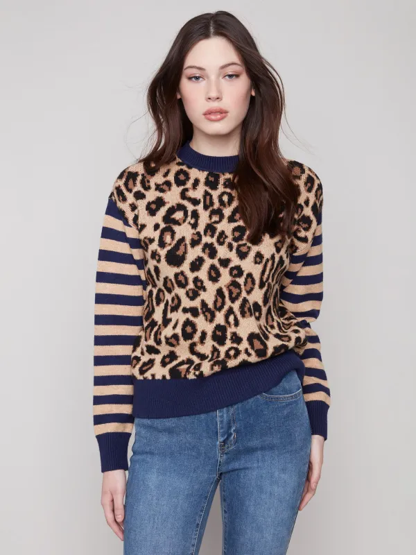 Crew Neck Sweater With Striped Sleeves - Leopard sold by Charlie B