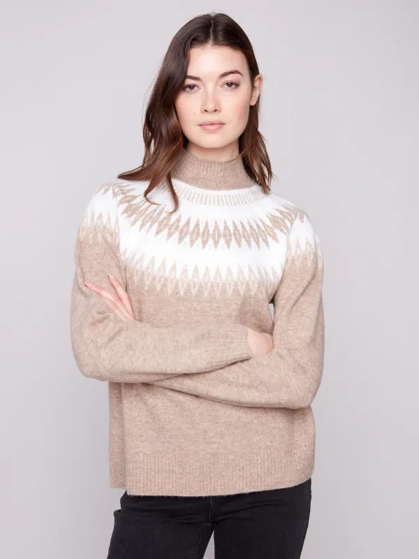 Après-Ski Jacquard Mock Neck Sweater - Heather Beige sold by Charlie B