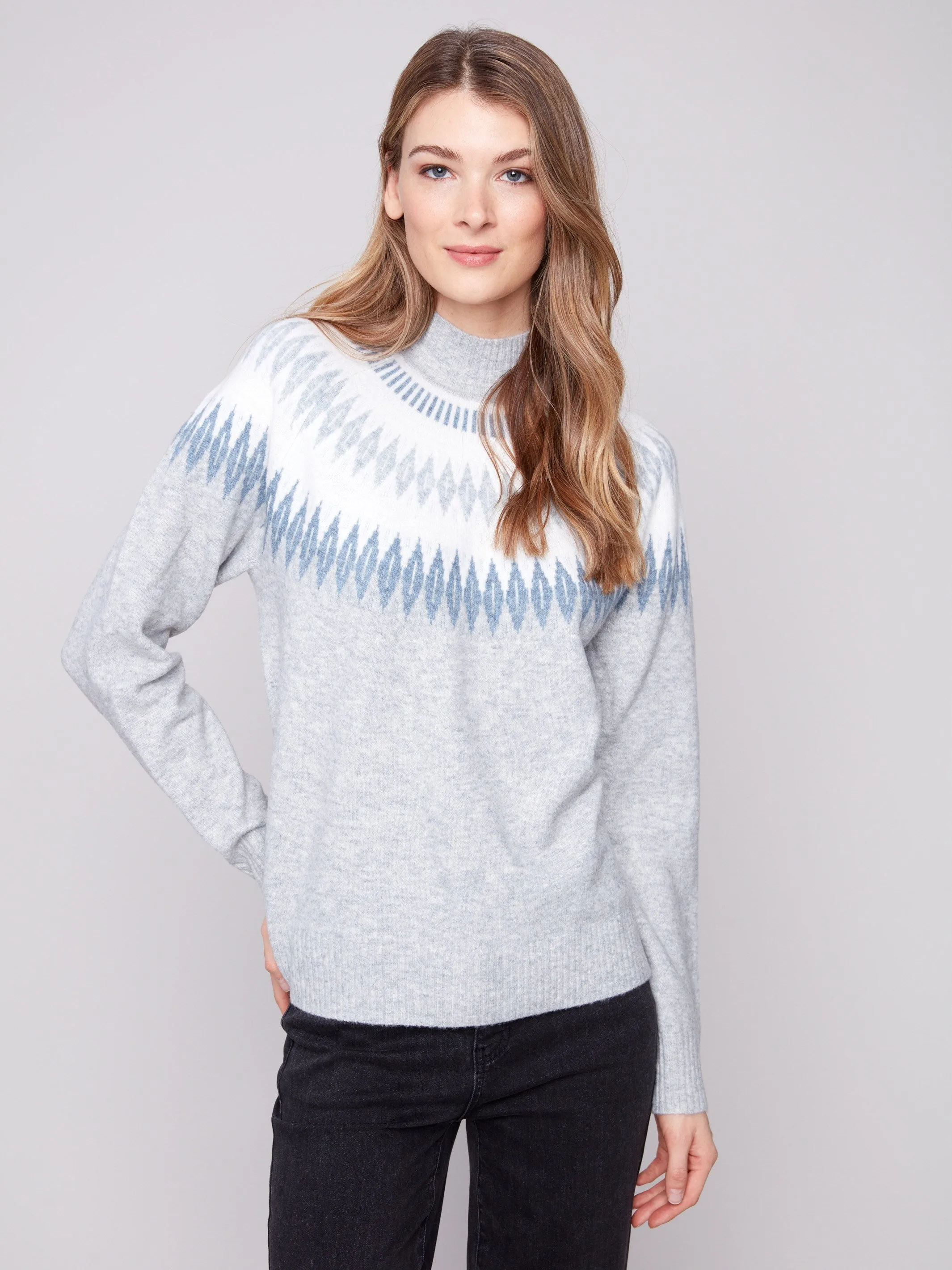Après-Ski Jacquard Mock Neck Sweater - Heather Light Grey sold by Charlie B