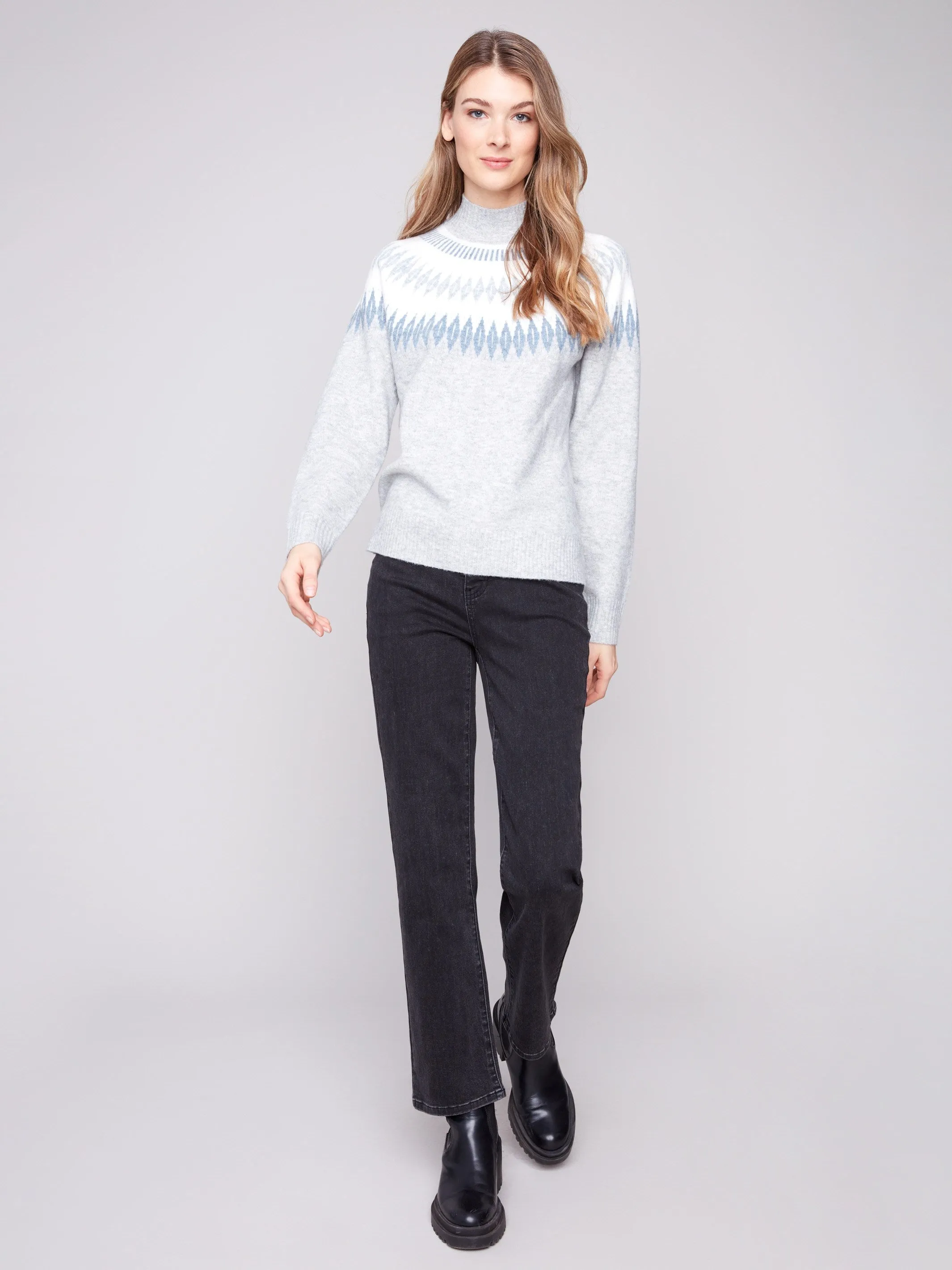 Après-Ski Jacquard Mock Neck Sweater - Heather Light Grey sold by Charlie B product image thumbnail 2