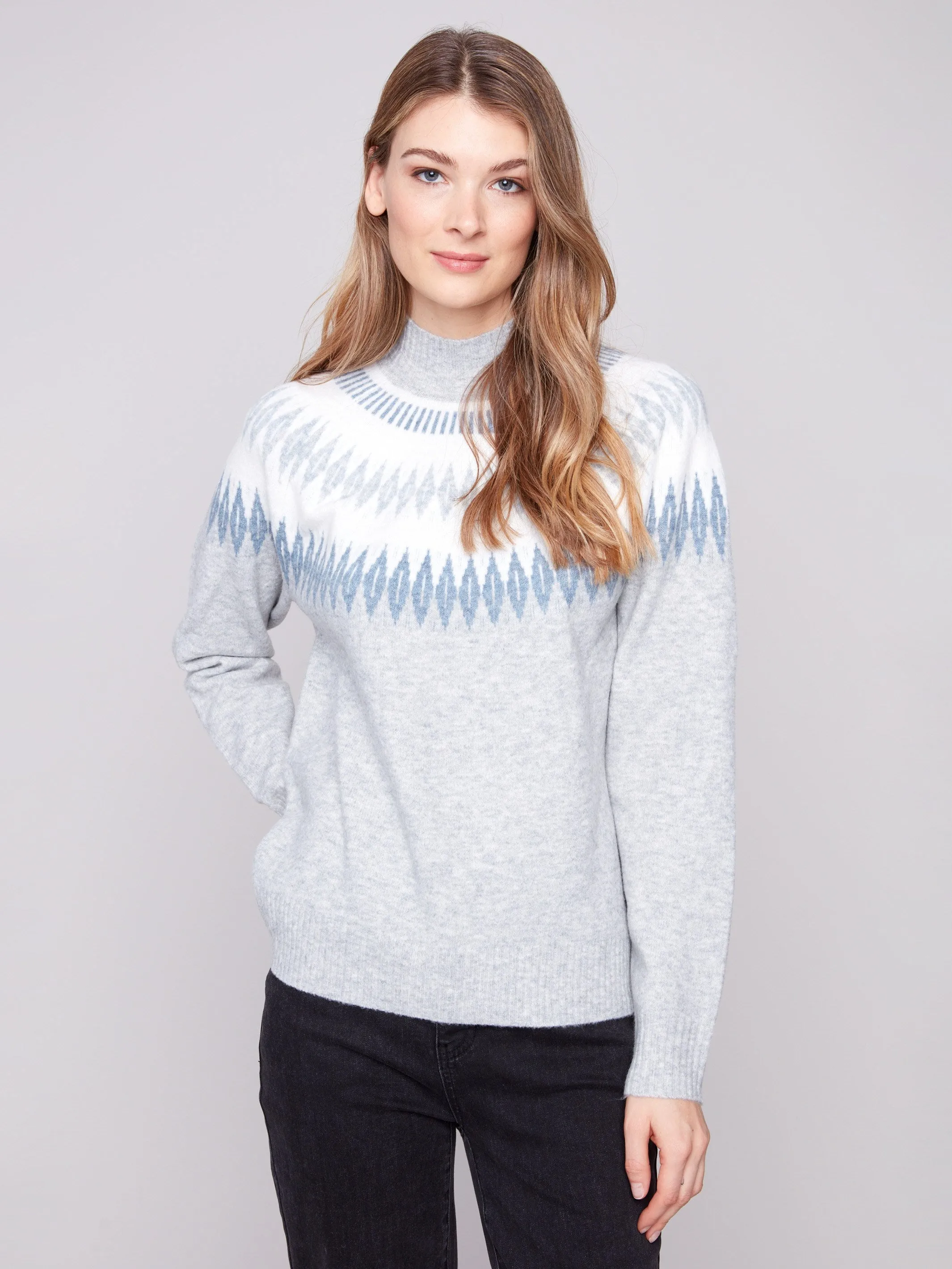 Après-Ski Jacquard Mock Neck Sweater - Heather Light Grey sold by Charlie B product image thumbnail 5