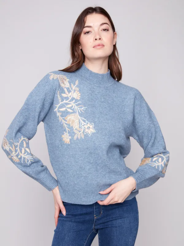 Mock Neck Sweater with Sequin Detail - Heather Denim sold by Charlie B