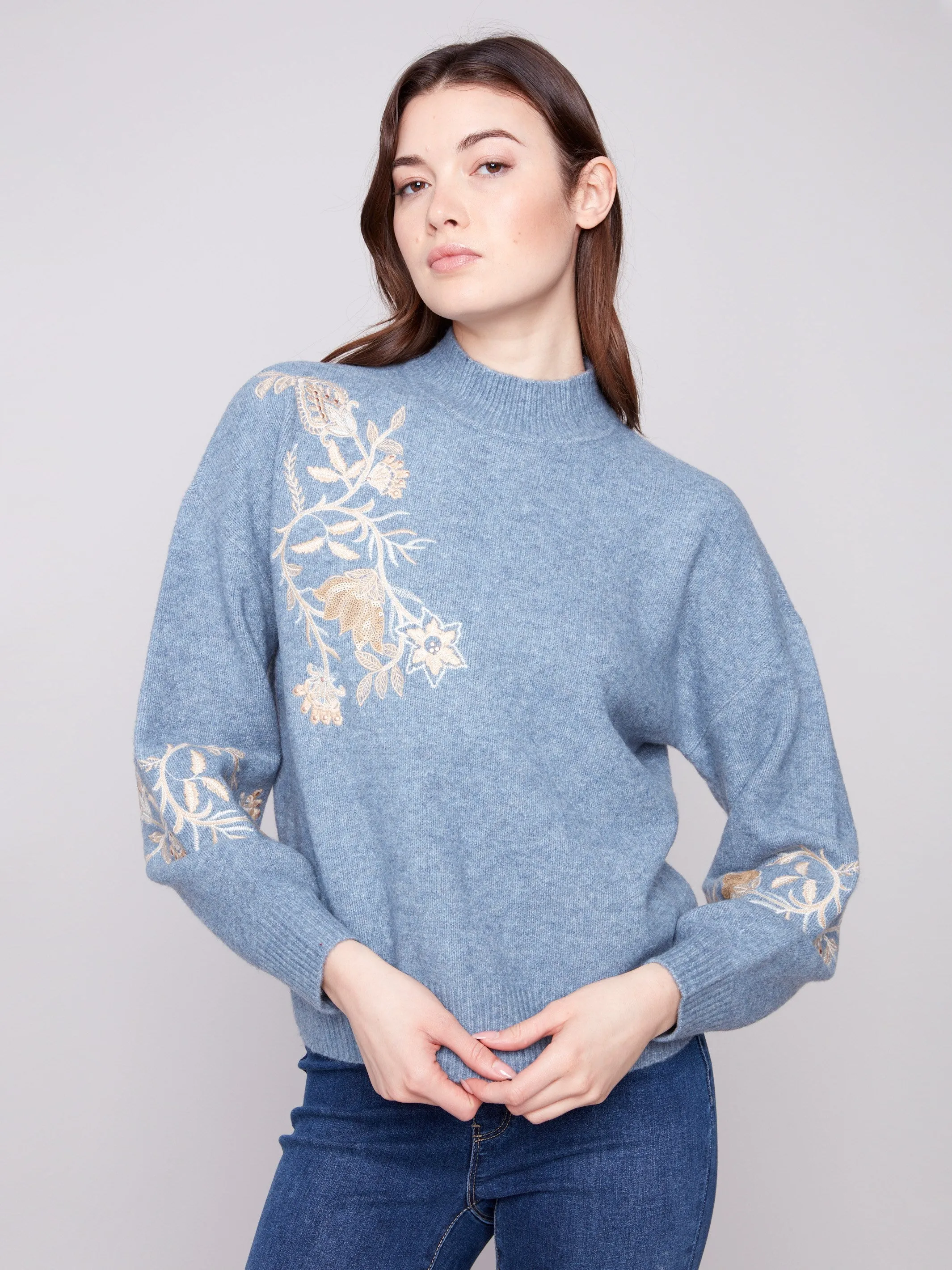 Mock Neck Sweater with Sequin Detail - Heather Denim sold by Charlie B product image thumbnail 5