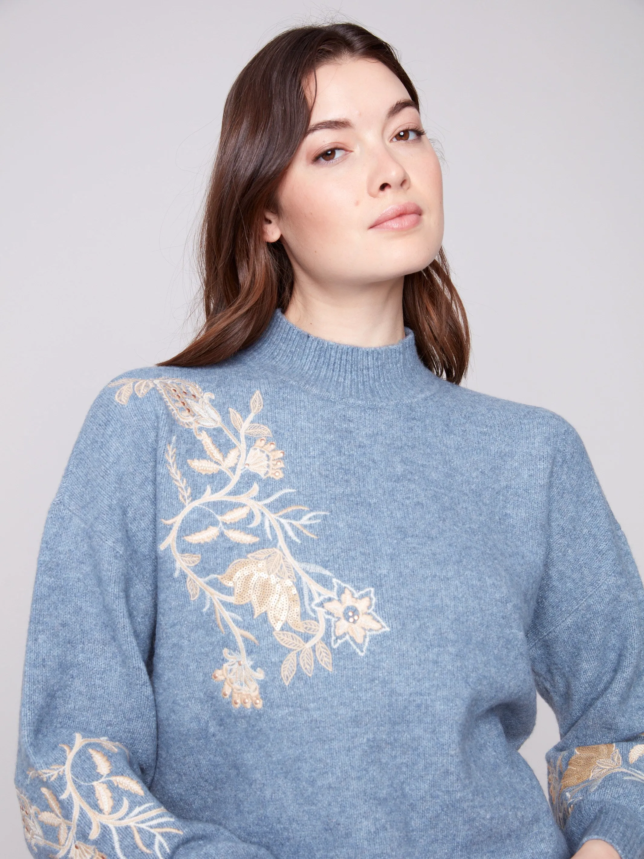 Mock Neck Sweater with Sequin Detail - Heather Denim sold by Charlie B product image thumbnail 2
