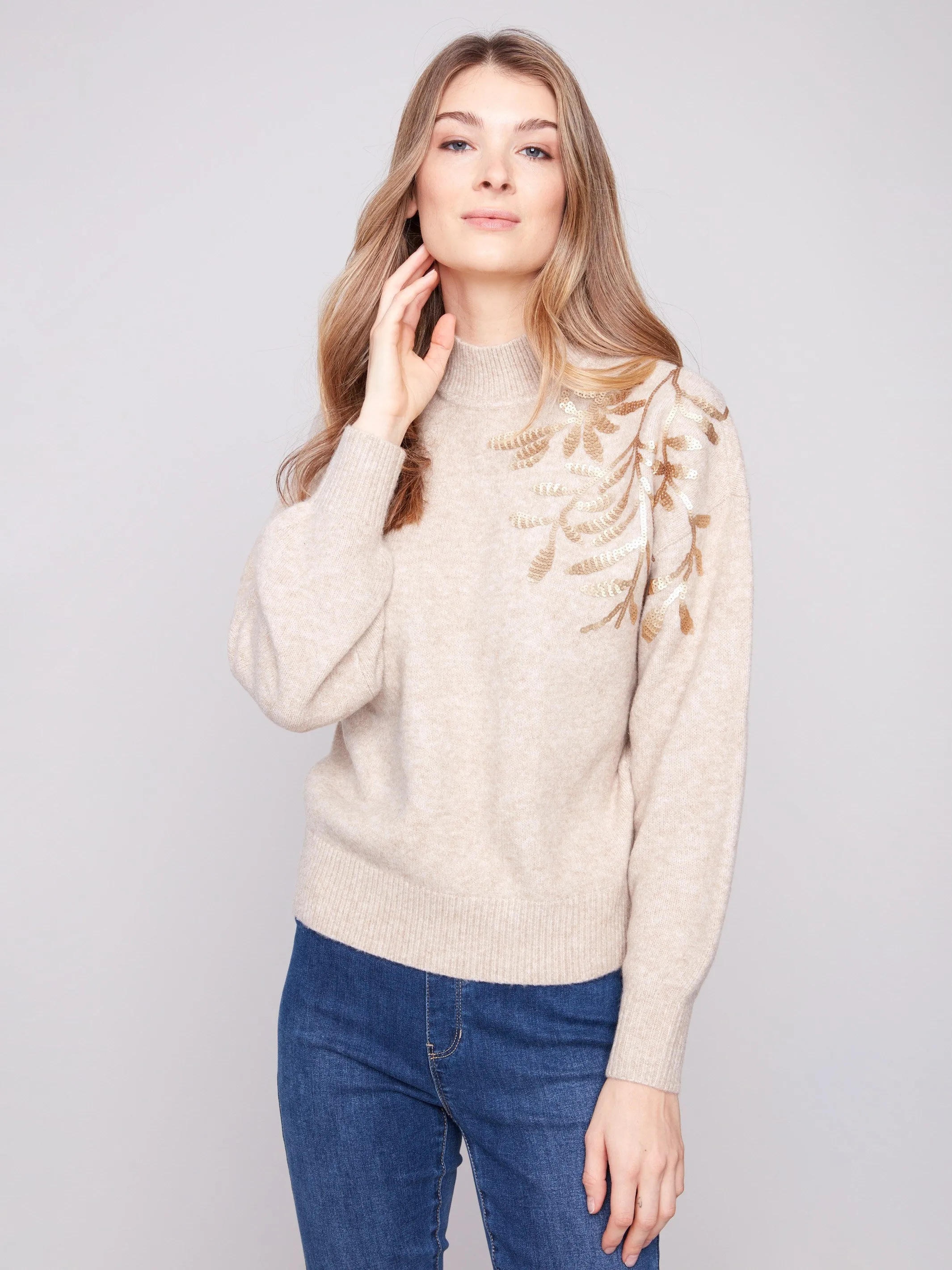 Mock Neck Sweater with Sequin Detail - Heather Oat sold by Charlie B product image thumbnail 5