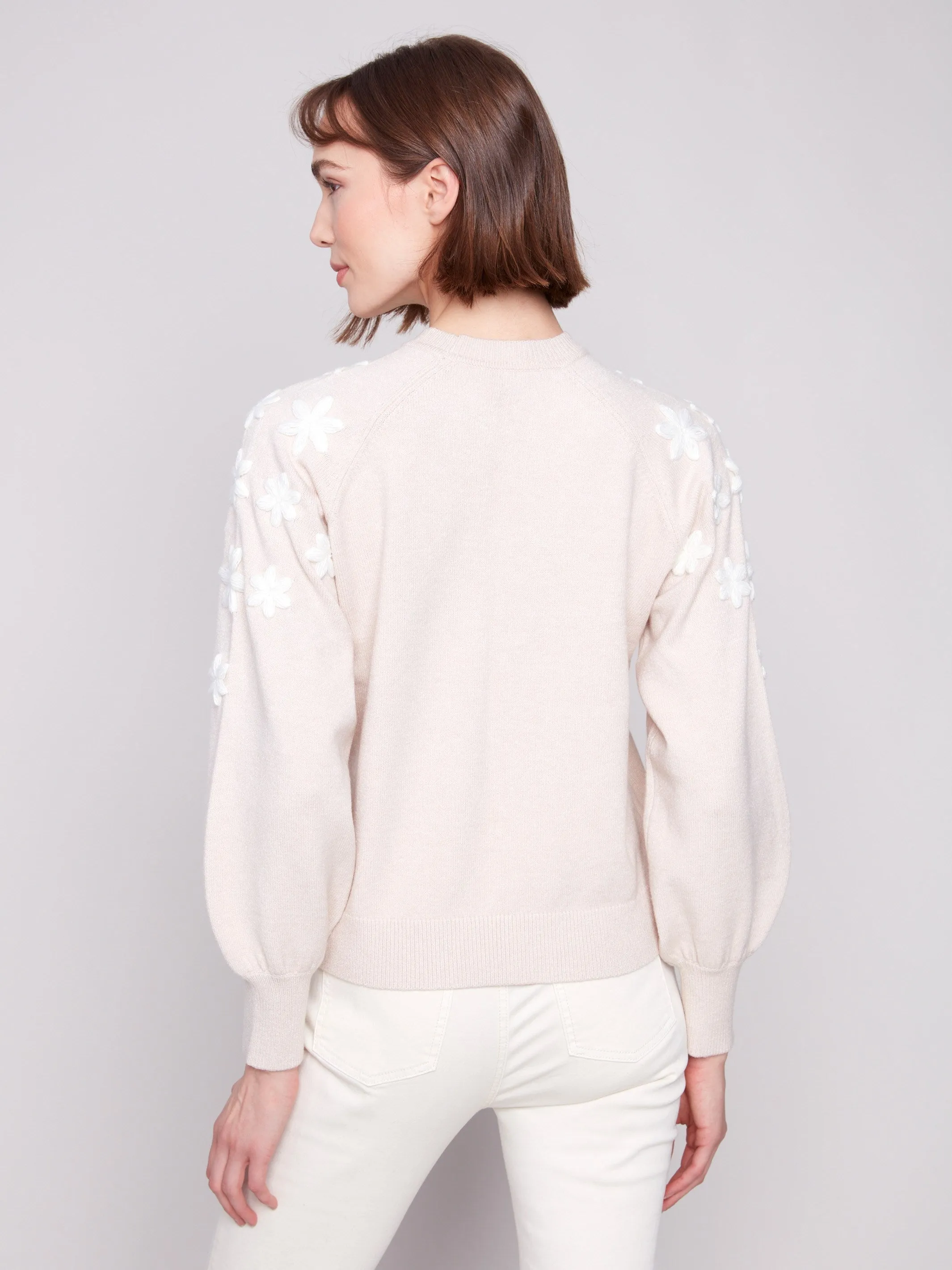 Crew Neck Sweater With Embroidered Flowers - Heather Oat sold by Charlie B product image thumbnail 4