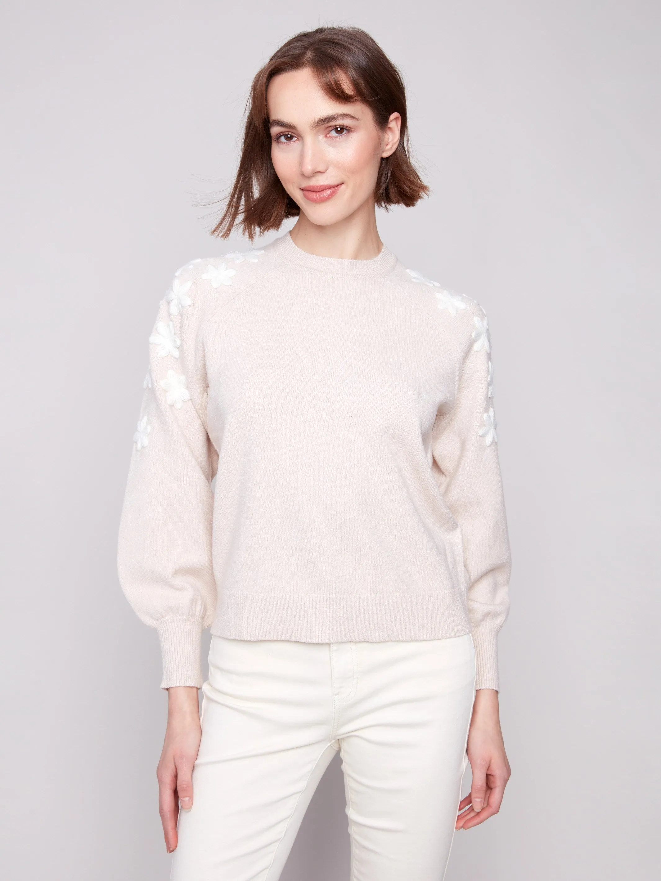 Crew Neck Sweater With Embroidered Flowers - Heather Oat sold by Charlie B