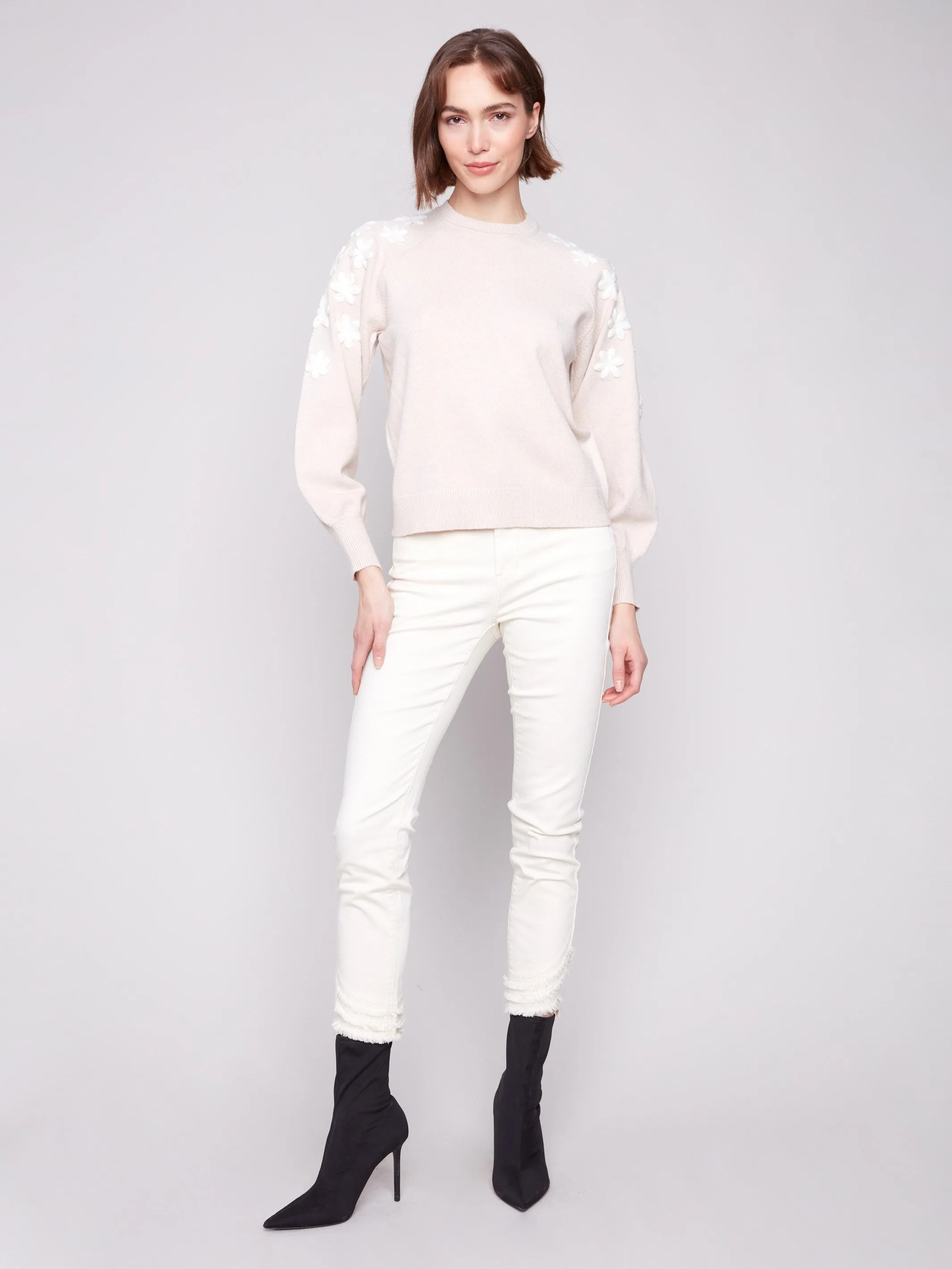 Crew Neck Sweater With Embroidered Flowers - Heather Oat sold by Charlie B product image thumbnail 5