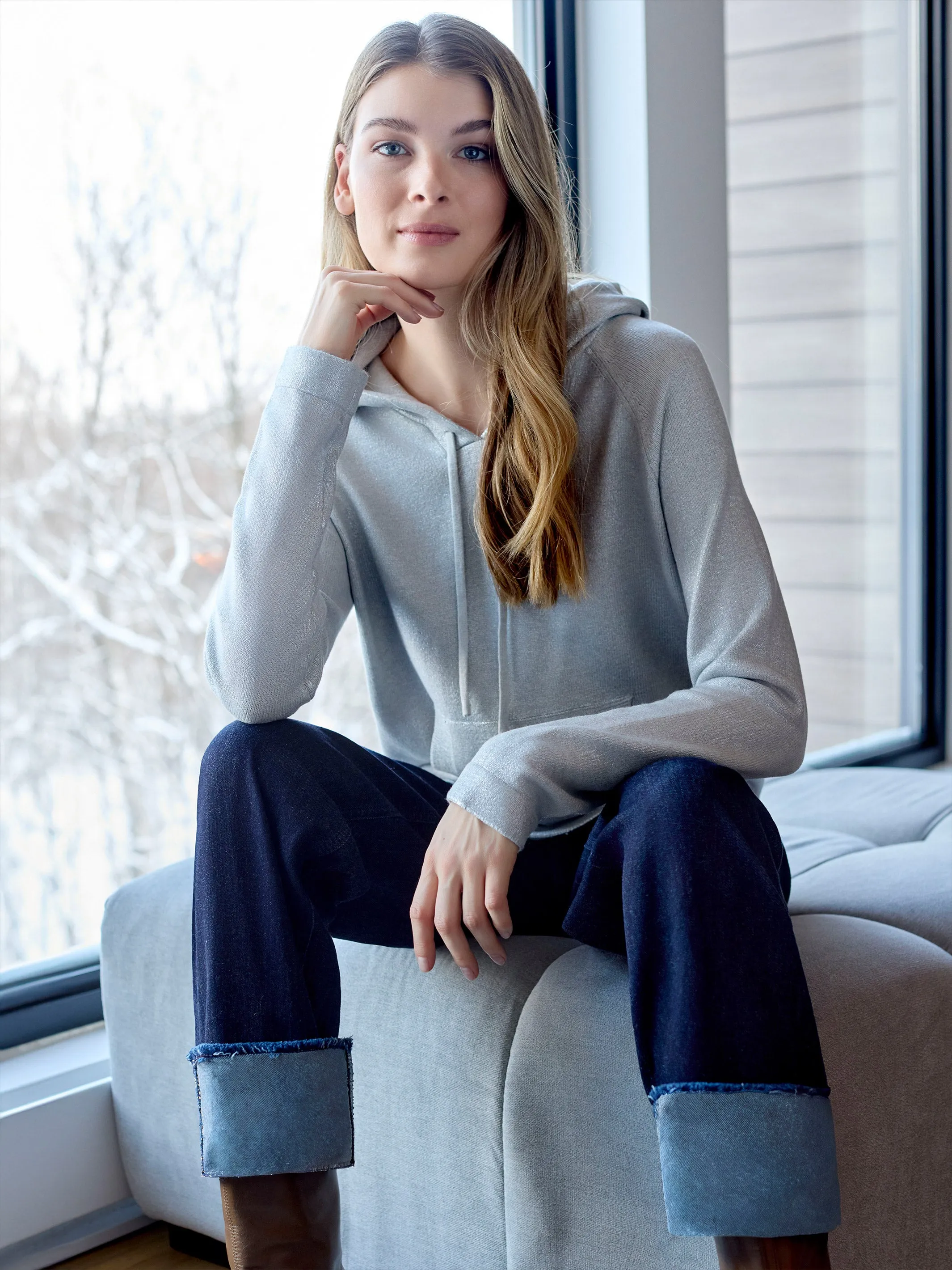 Metallic Knit Hoodie Sweater - Silver sold by Charlie B product image thumbnail 5