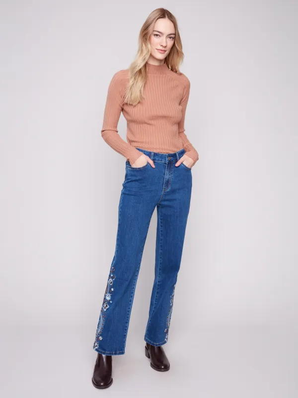 Paisley Embroidered Straight Leg Jeans - Indigo sold by Charlie B