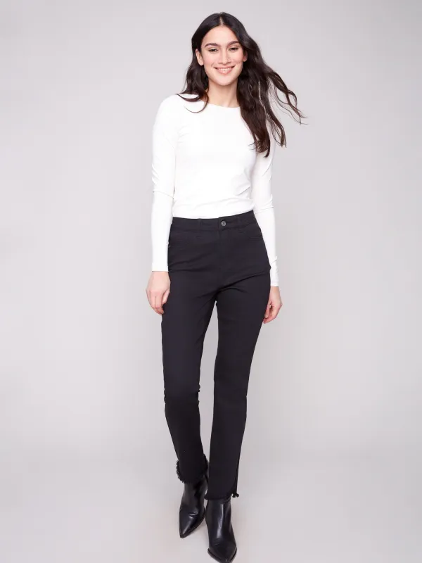 Bootcut Twill Pants With Asymmetrical Hem - Black sold by Charlie B