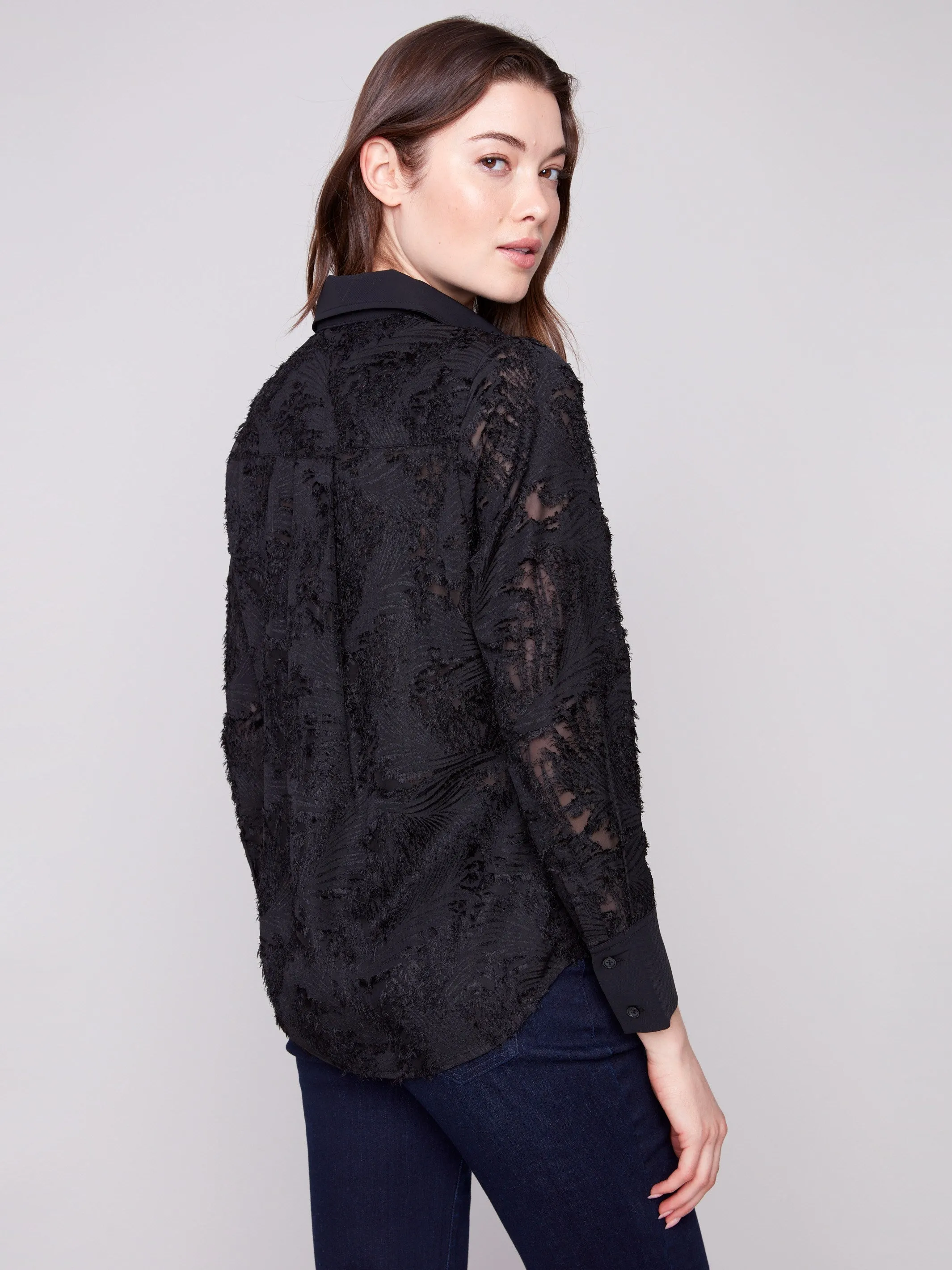 Semi-Sheer Button-Down Chiffon Shirt - Black sold by Charlie B product image thumbnail 4