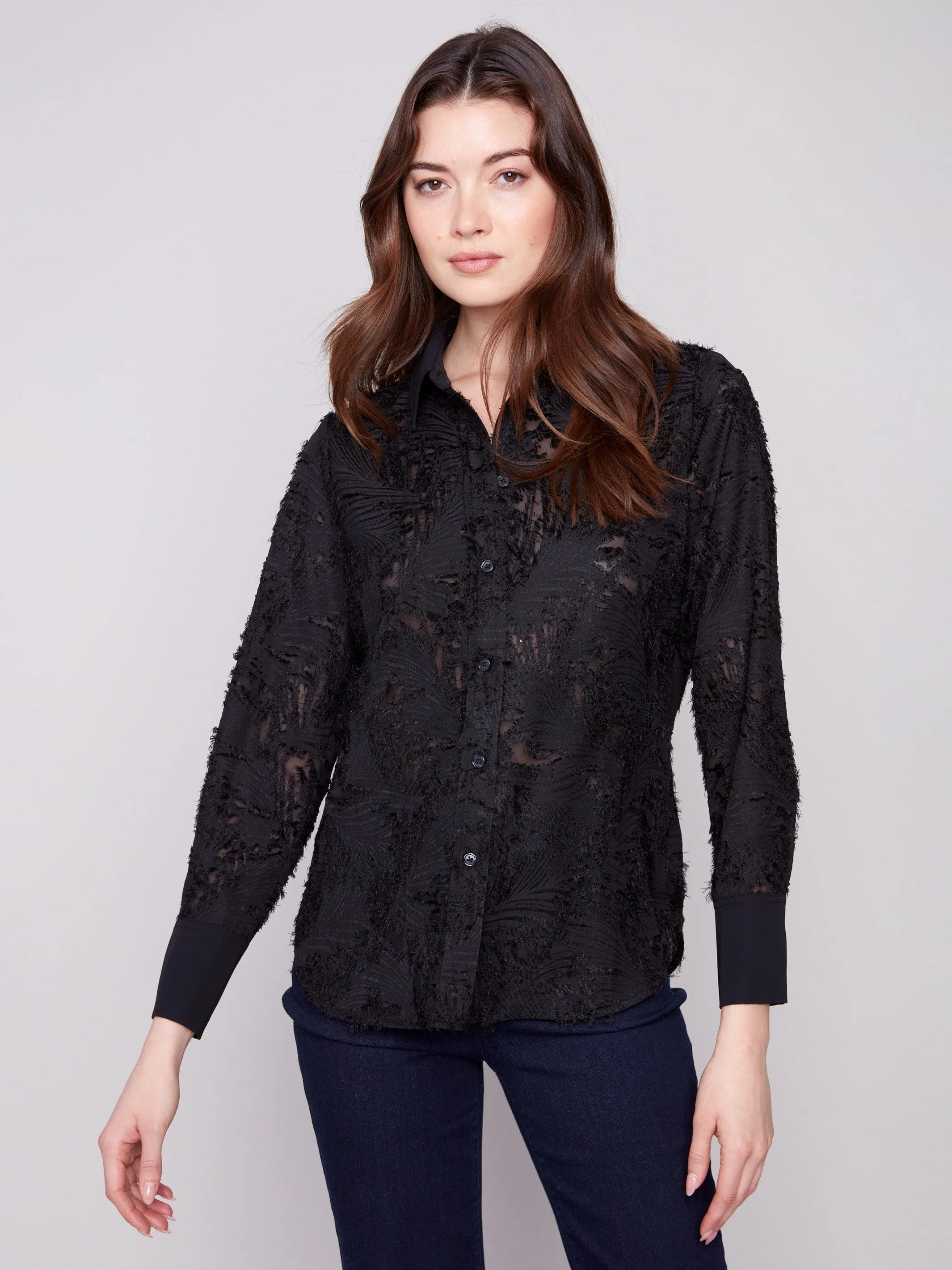 Semi-Sheer Button-Down Chiffon Shirt - Black sold by Charlie B product image thumbnail 5
