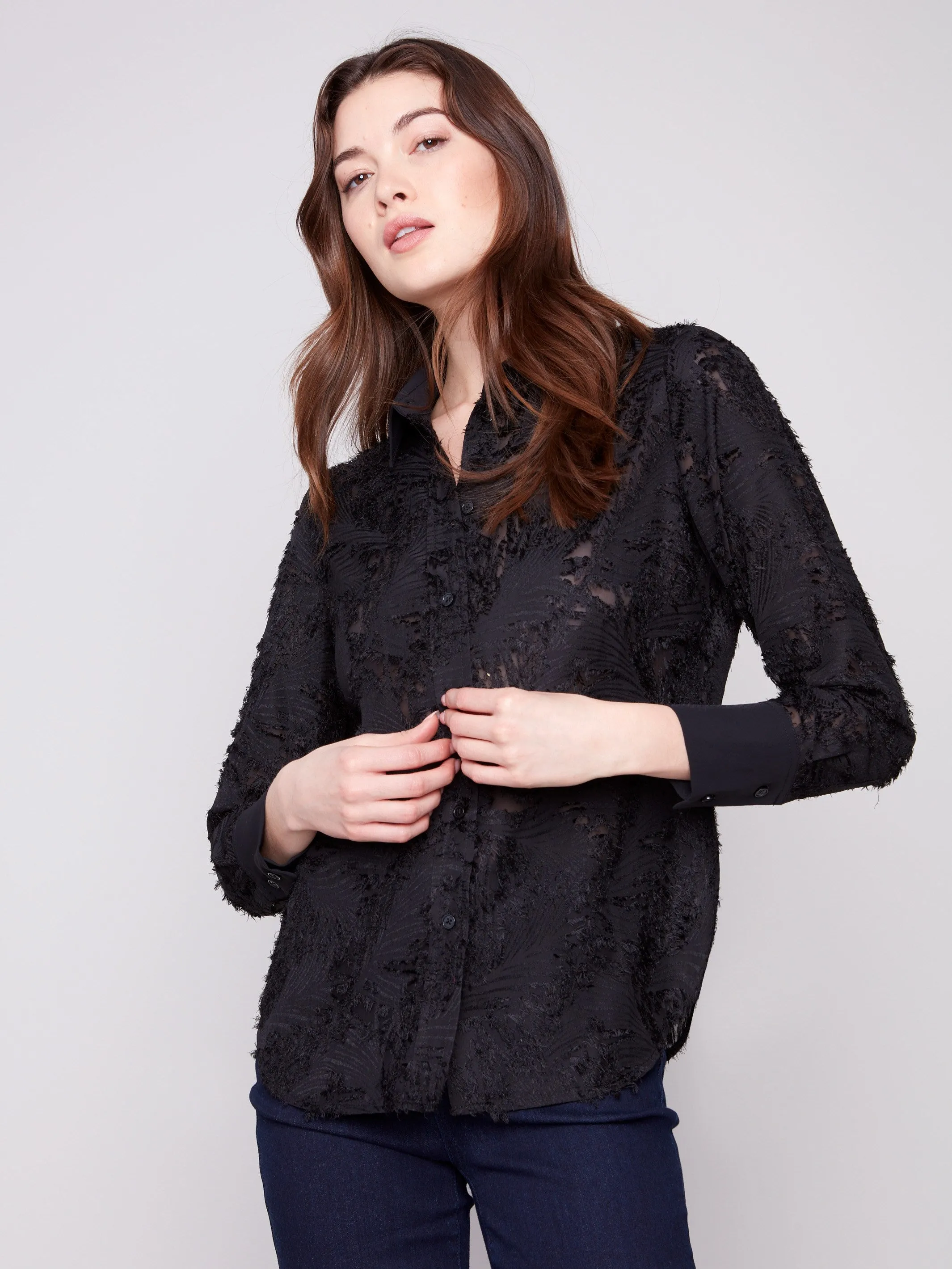 Semi-Sheer Button-Down Chiffon Shirt - Black sold by Charlie B product image thumbnail 3