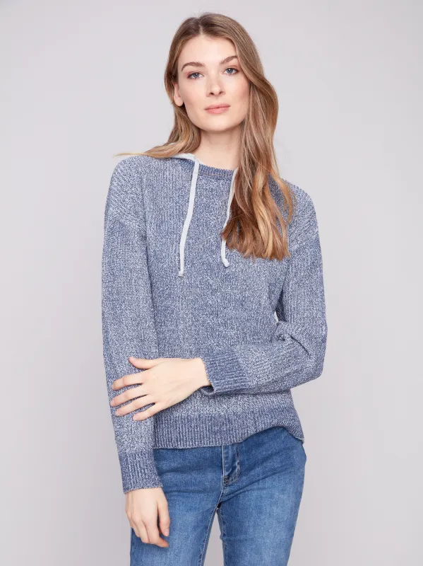 Hoodie Sweater With Front Cable Detail - Heather Denim sold by Charlie B