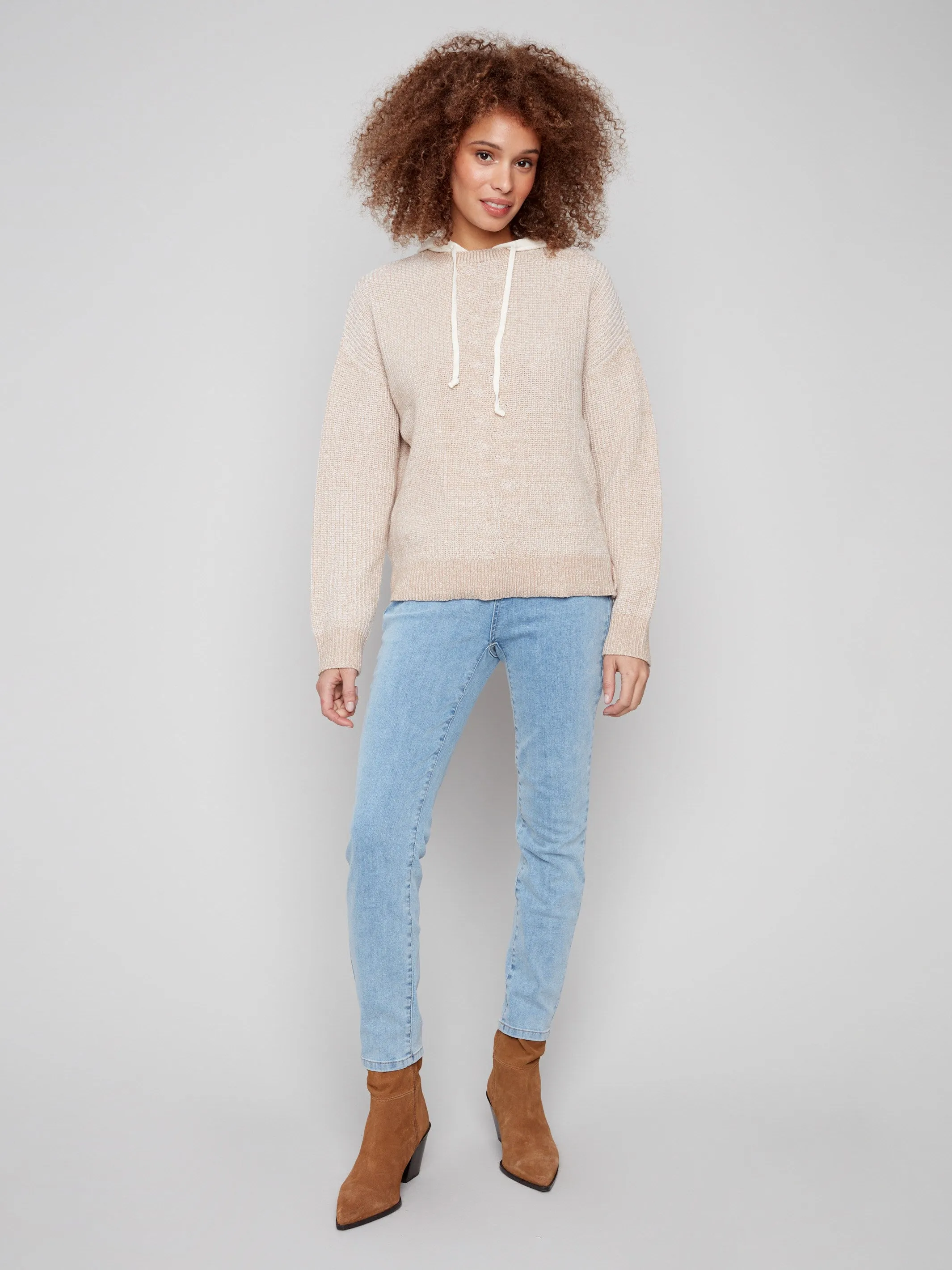 Hoodie Sweater With Front Cable Detail - Heather Sesame sold by Charlie B product image thumbnail 2