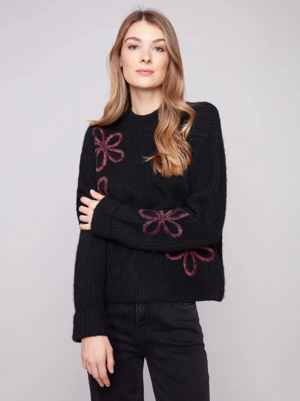 Mock Neck Floral Soutache Sweater - Black sold by Charlie B