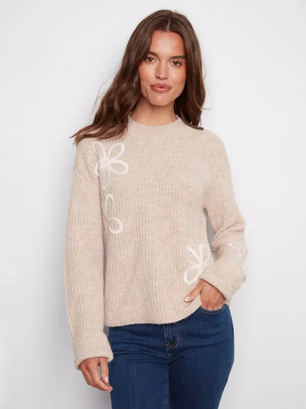 Mock Neck Floral Soutache Sweater - Heather Oat sold by Charlie B