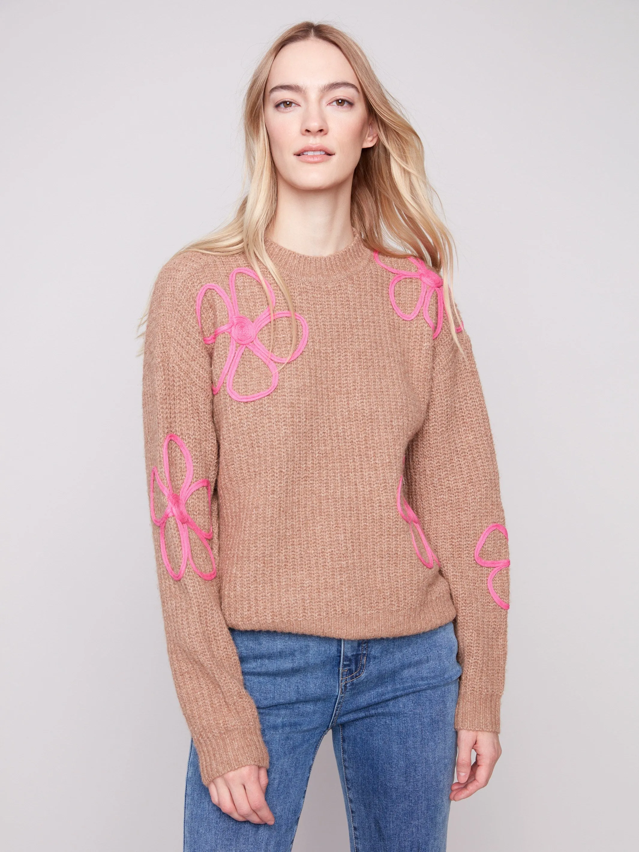 Floral Soutache Crew Neck Sweater - Heather Truffle sold by Charlie B product image thumbnail 5
