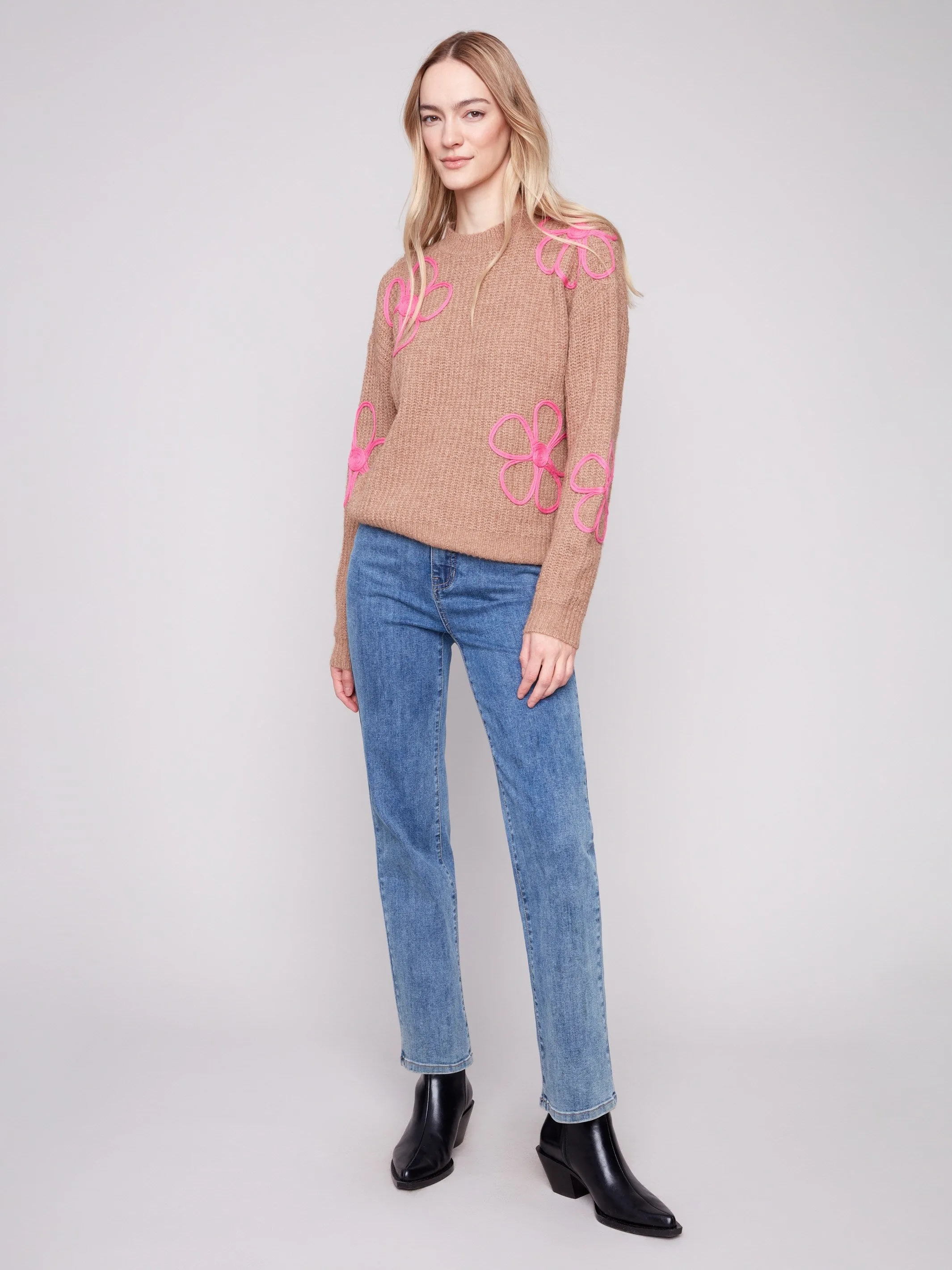 Floral Soutache Crew Neck Sweater - Heather Truffle sold by Charlie B product image thumbnail 2