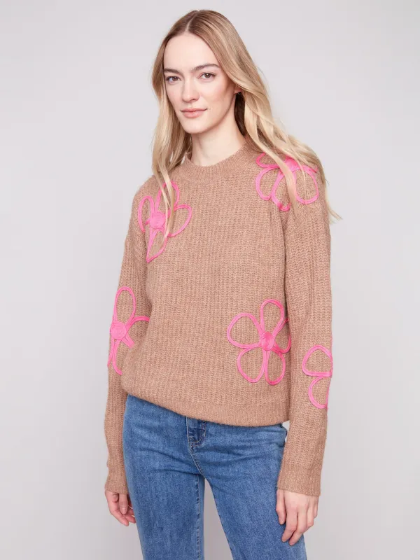 Floral Soutache Crew Neck Sweater - Heather Truffle sold by Charlie B