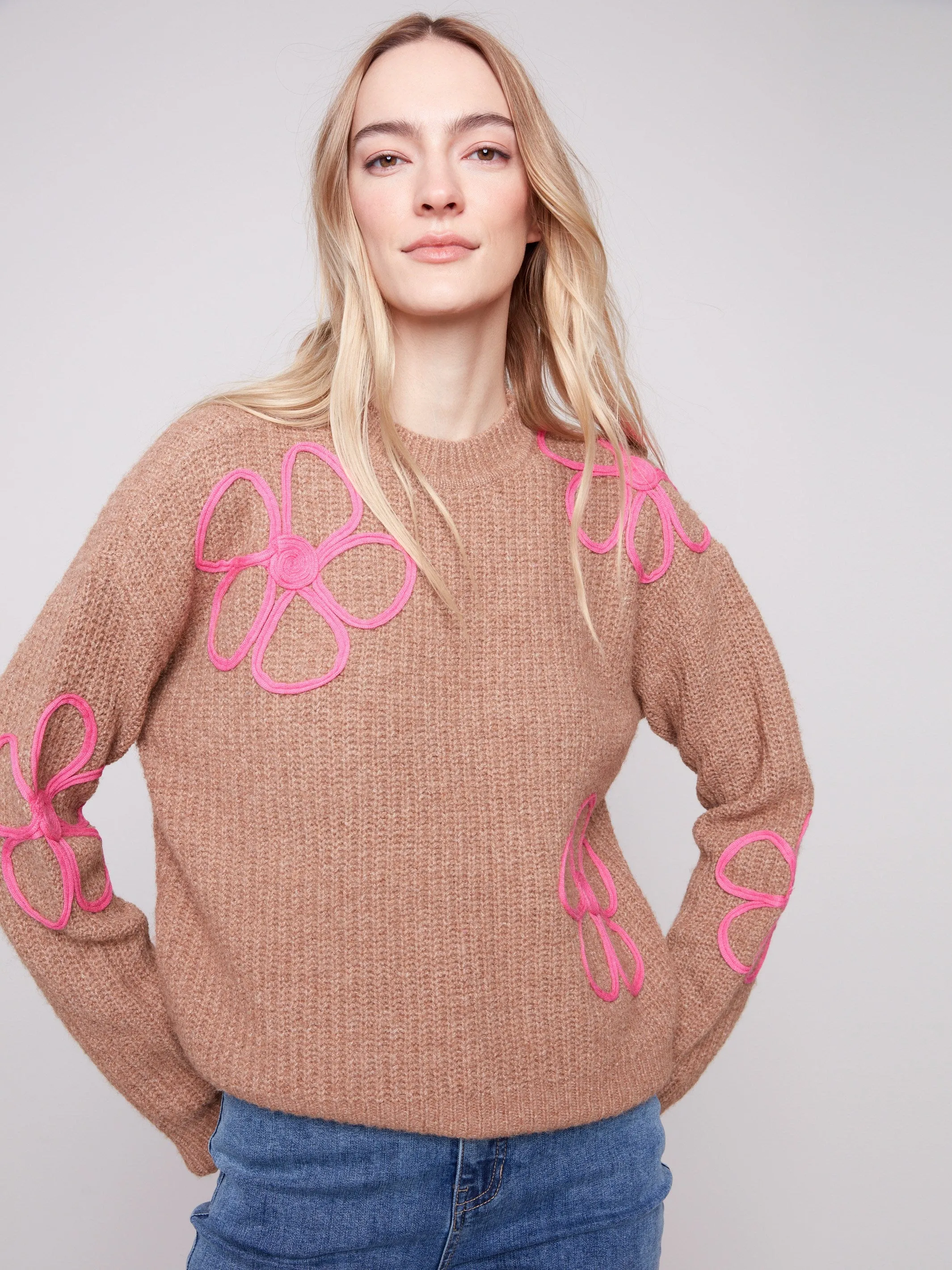Floral Soutache Crew Neck Sweater - Heather Truffle sold by Charlie B product image thumbnail 3