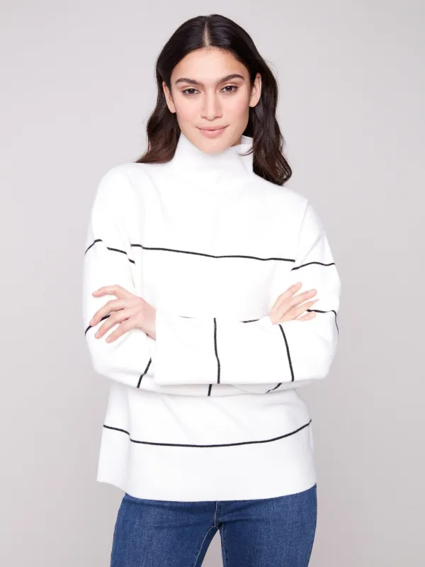 Yarn Dye Striped Funnel Neck Sweater - Ecru sold by Charlie B
