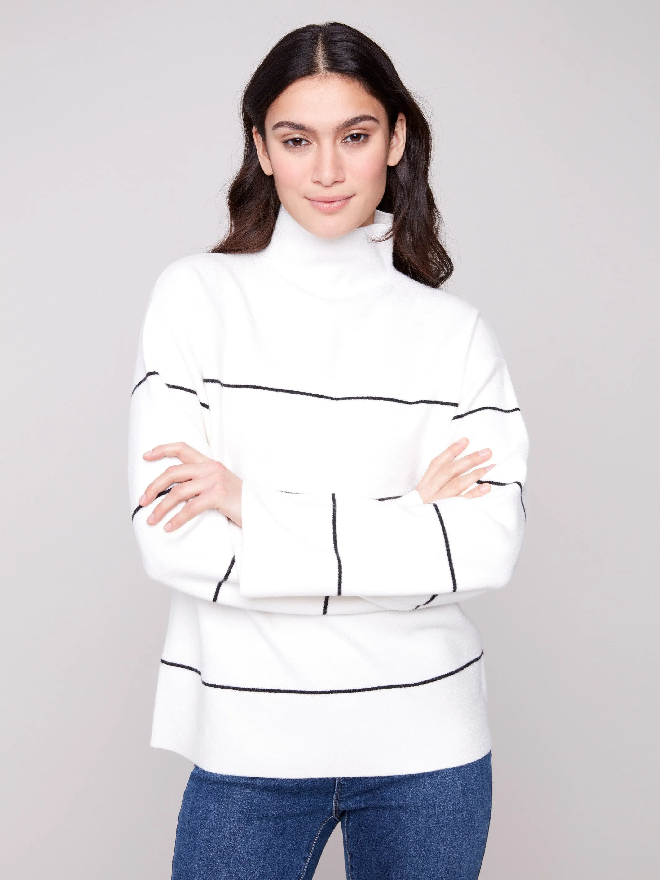 Yarn Dye Striped Funnel Neck Sweater - Ecru sold by Charlie B