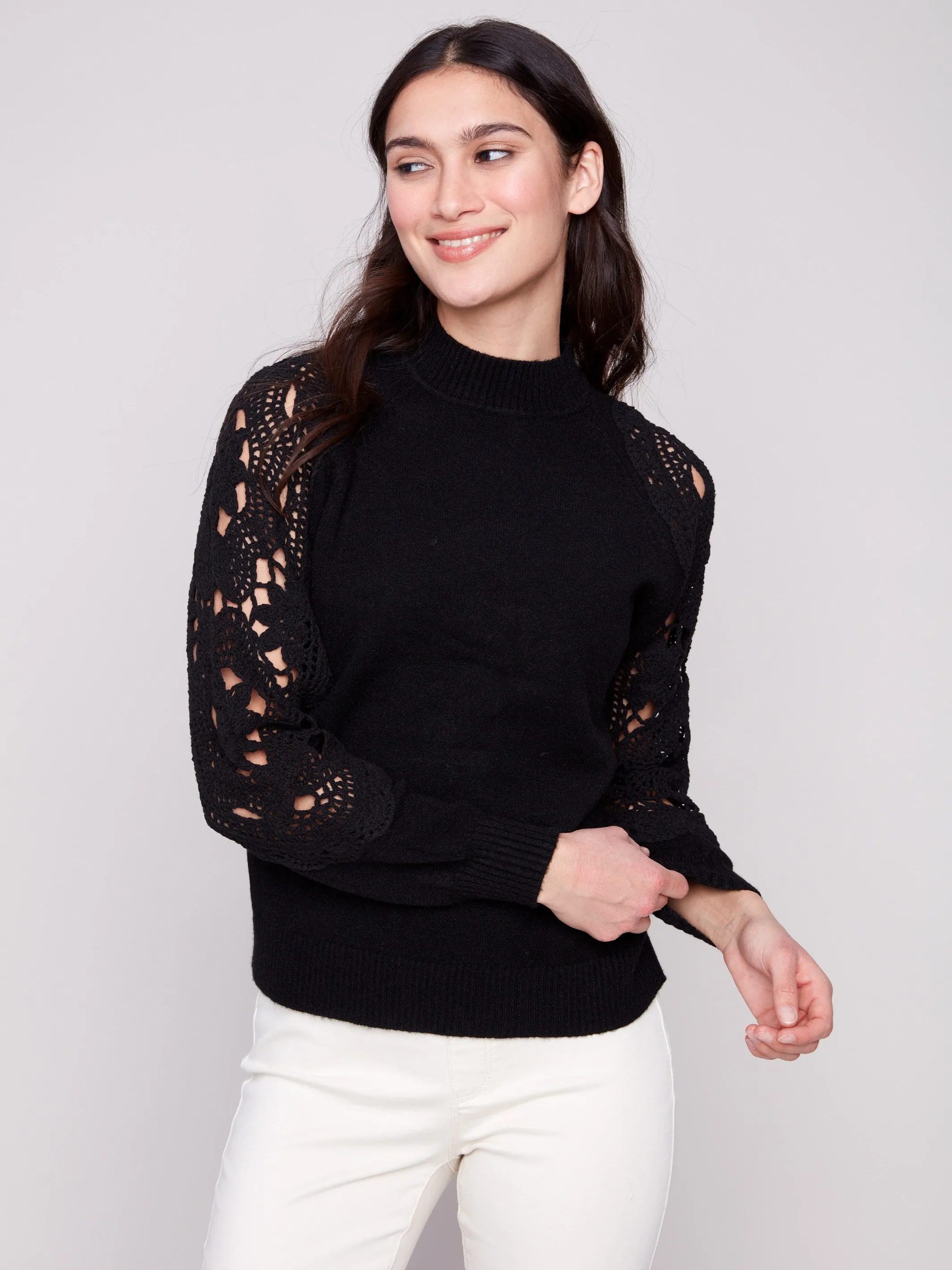 Mock Neck Sweater With Crochet Sleeves - Black sold by Charlie B product image thumbnail 3