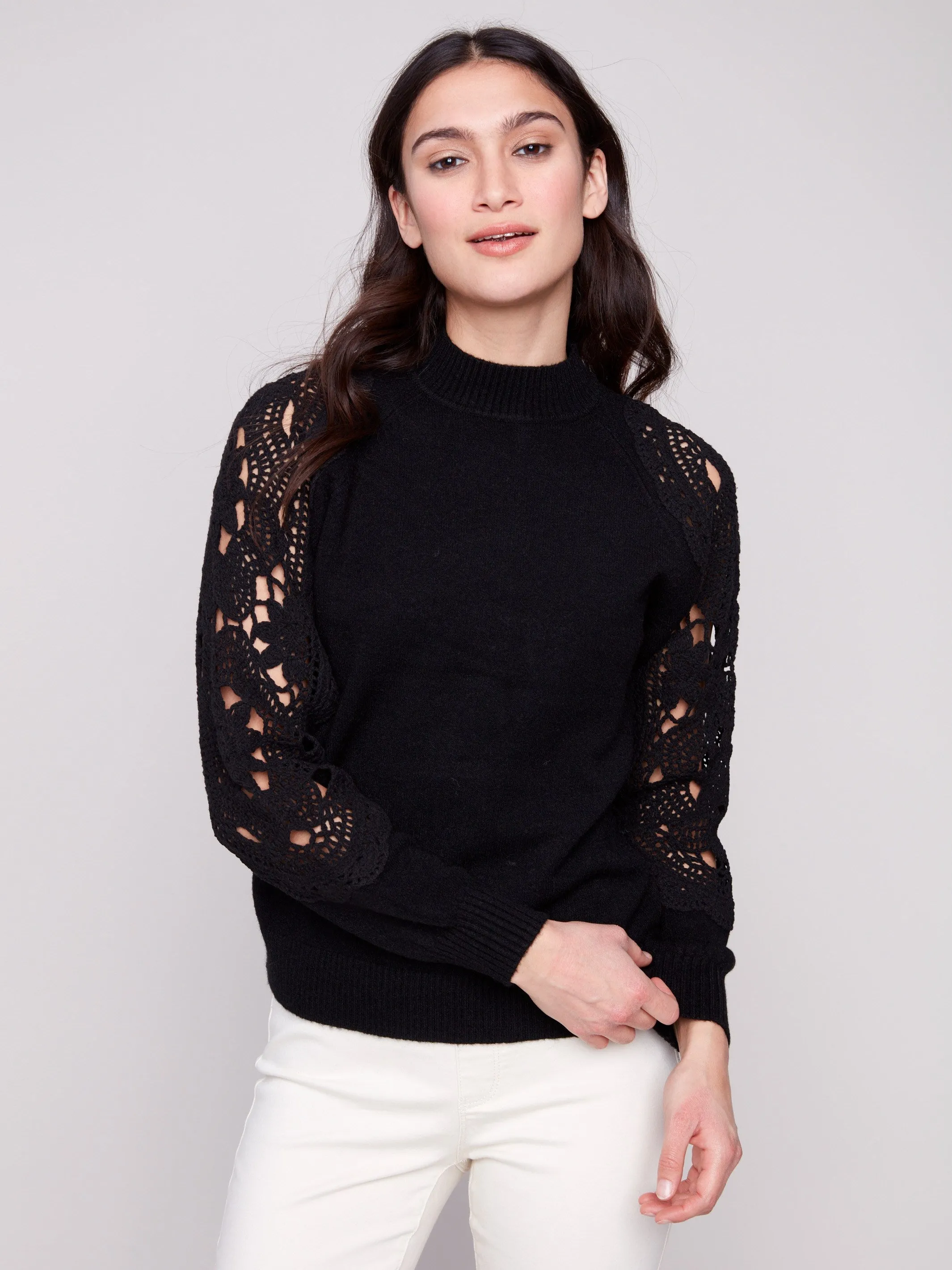 Mock Neck Sweater With Crochet Sleeves - Black sold by Charlie B