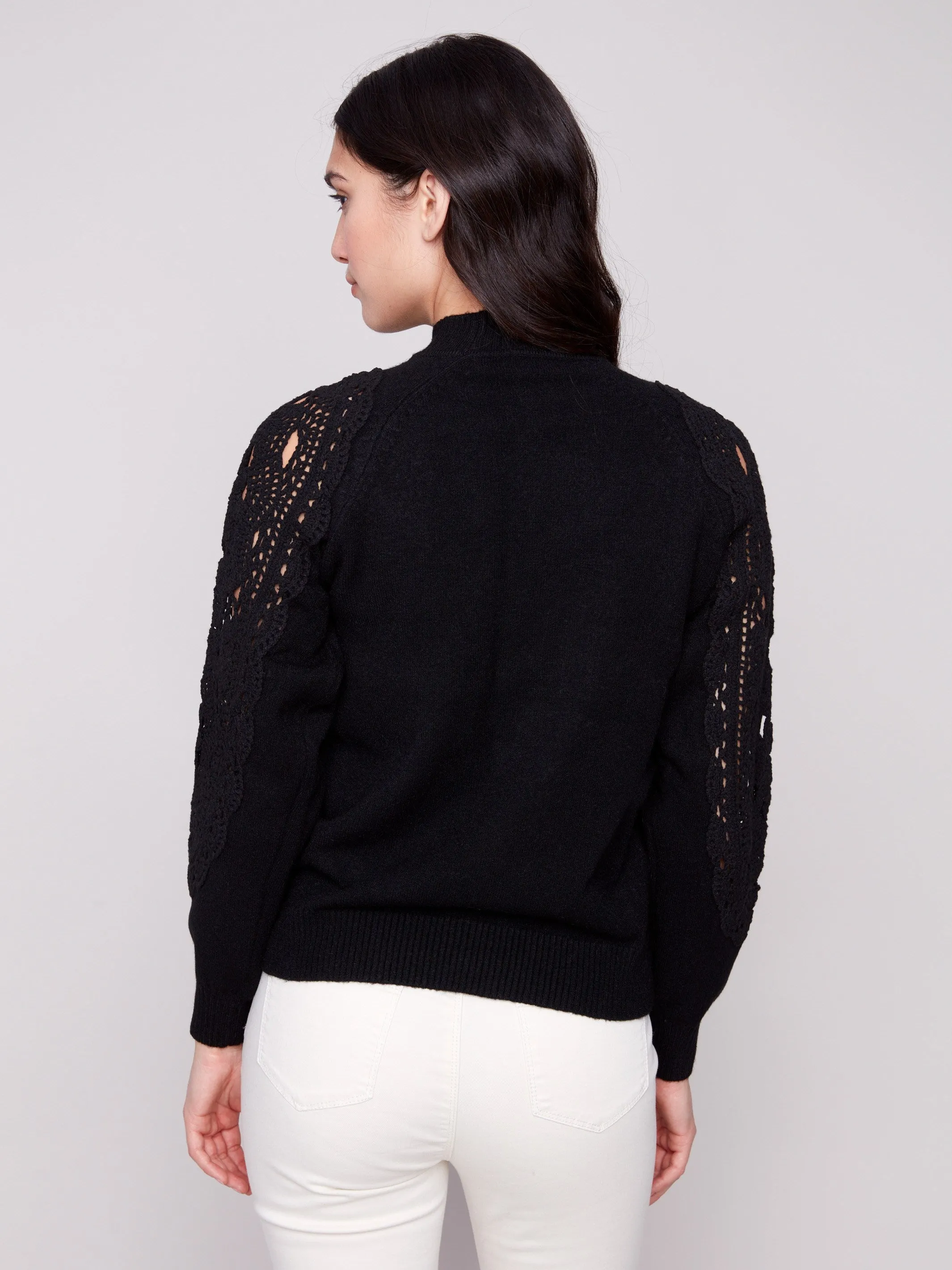 Mock Neck Sweater With Crochet Sleeves - Black sold by Charlie B product image thumbnail 4