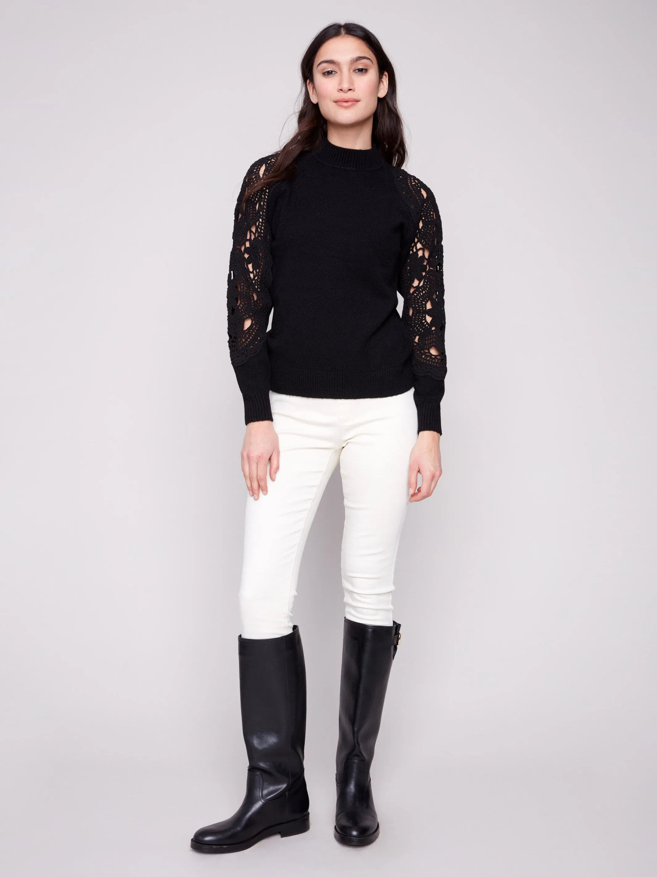 Mock Neck Sweater With Crochet Sleeves - Black sold by Charlie B product image thumbnail 2