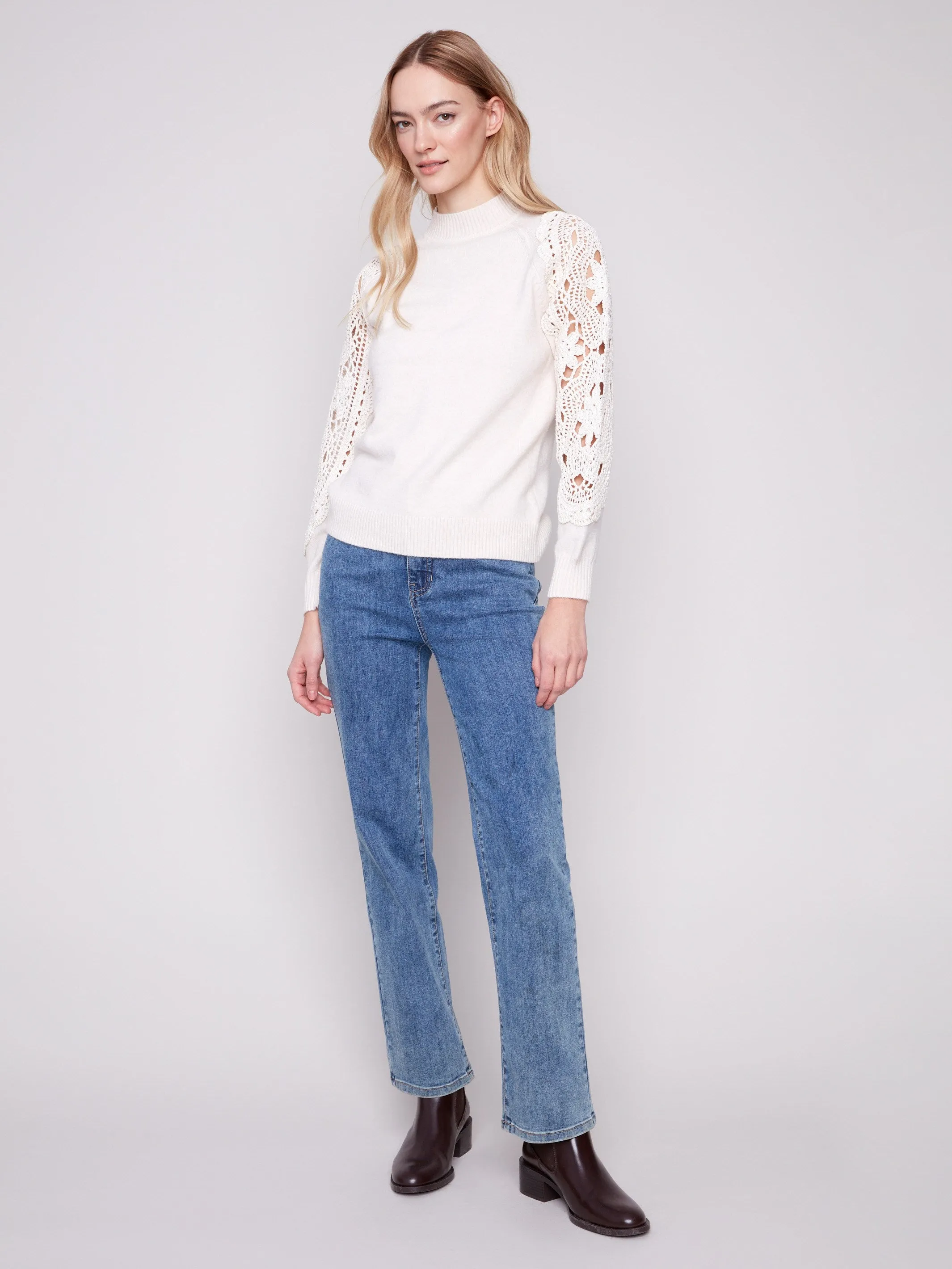 Mock Neck Sweater With Crochet Sleeves - Ecru sold by Charlie B product image thumbnail 4