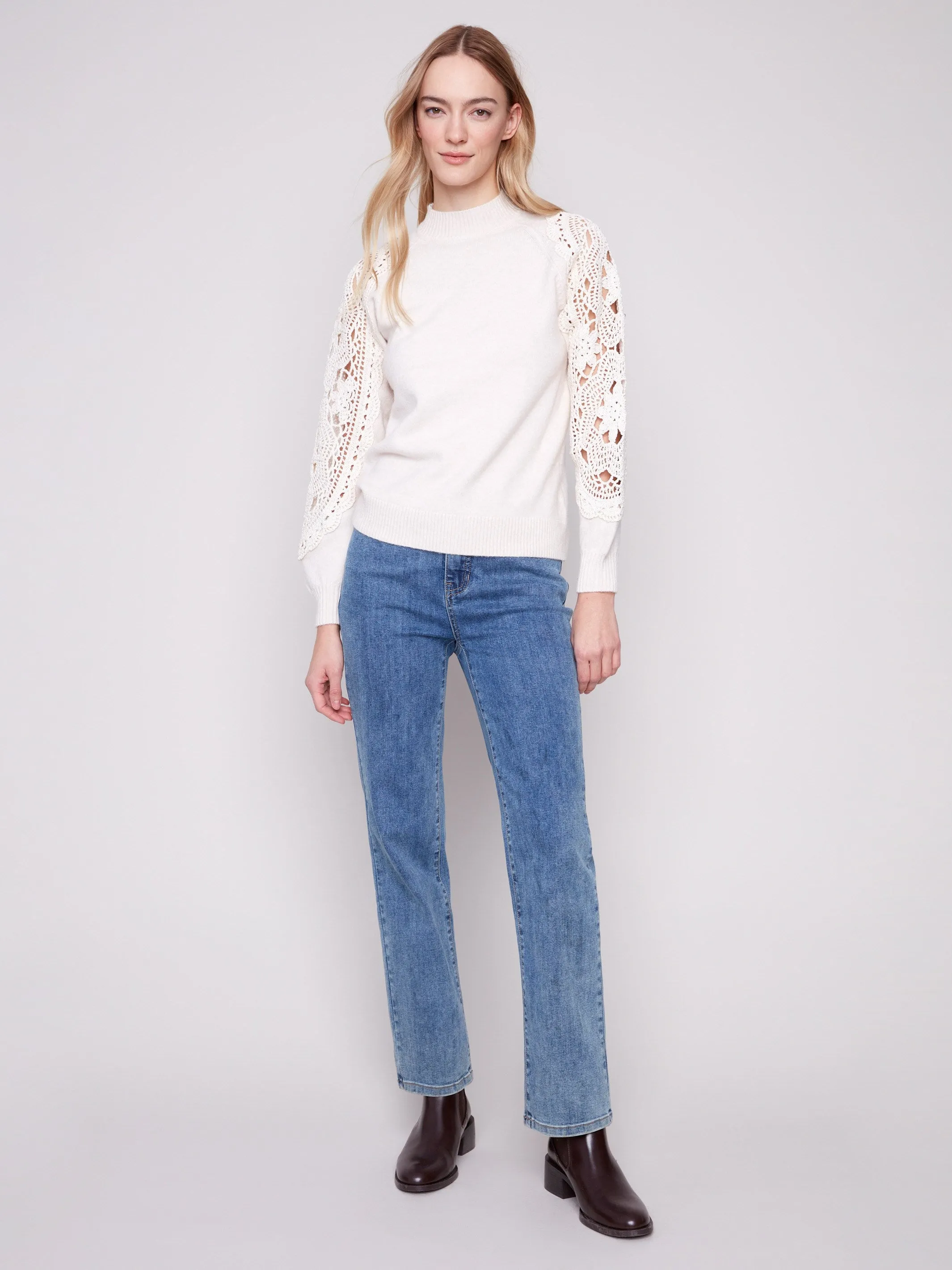 Mock Neck Sweater With Crochet Sleeves - Ecru sold by Charlie B product image thumbnail 2