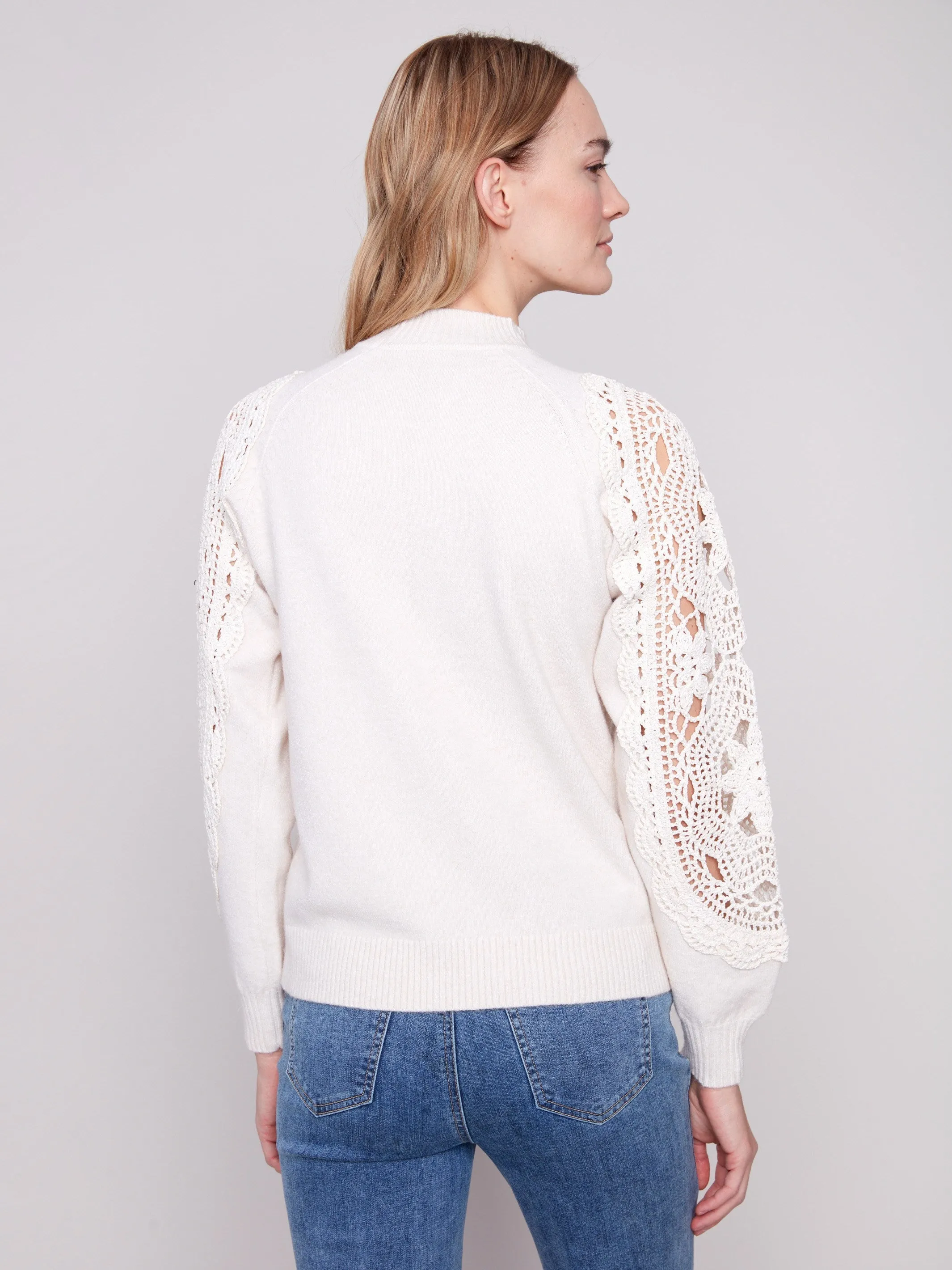Mock Neck Sweater With Crochet Sleeves - Ecru sold by Charlie B product image thumbnail 3