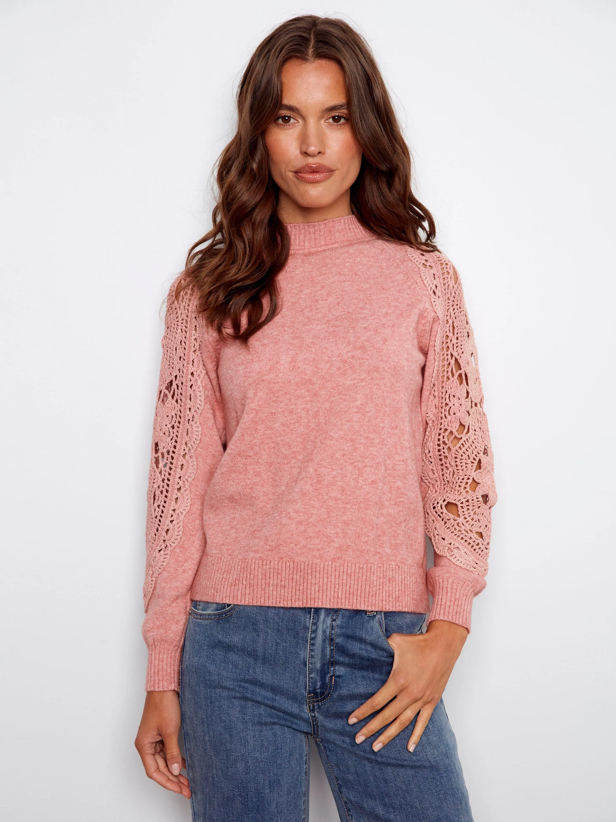 Mock Neck Sweater With Crochet Sleeves - Heather Primrose sold by Charlie B