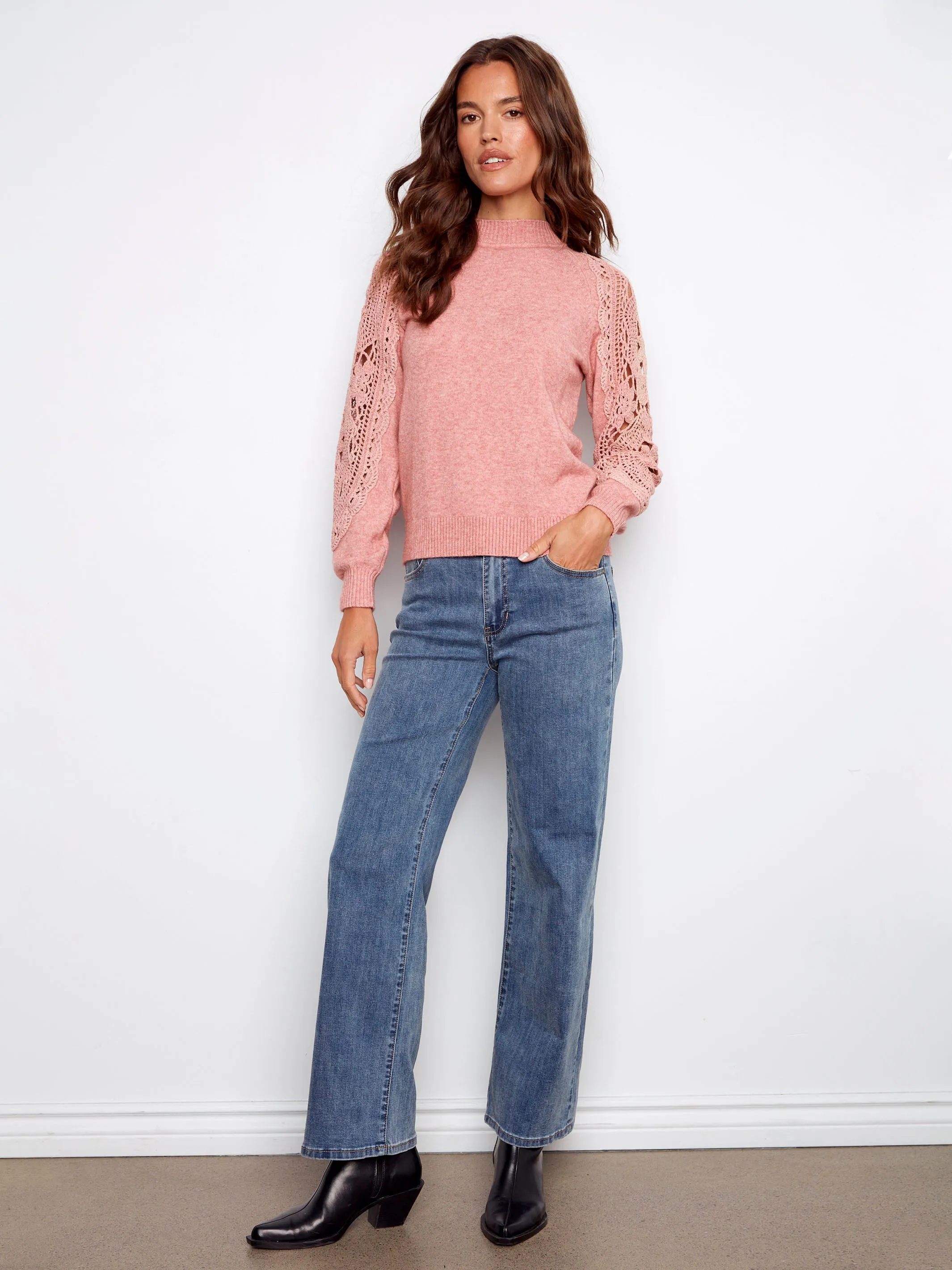 Mock Neck Sweater With Crochet Sleeves - Heather Primrose sold by Charlie B product image thumbnail 4