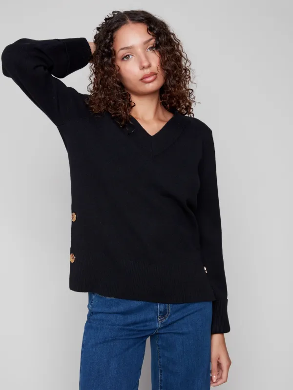 Wide Cuff V-Neck Sweater With Side Buttons - Black sold by Charlie B