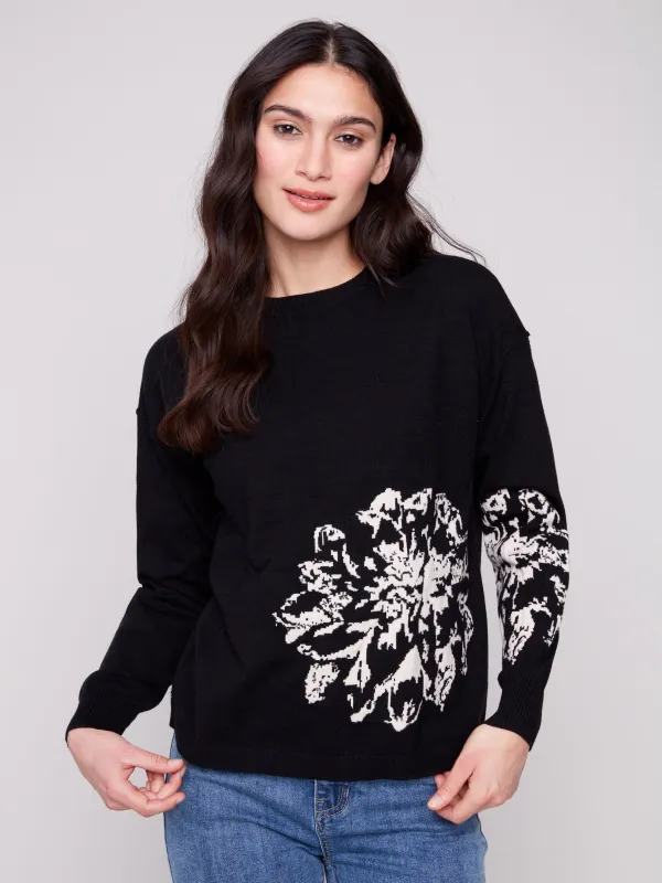 Jacquard Detail Crew Neck Sweater - Black sold by Charlie B