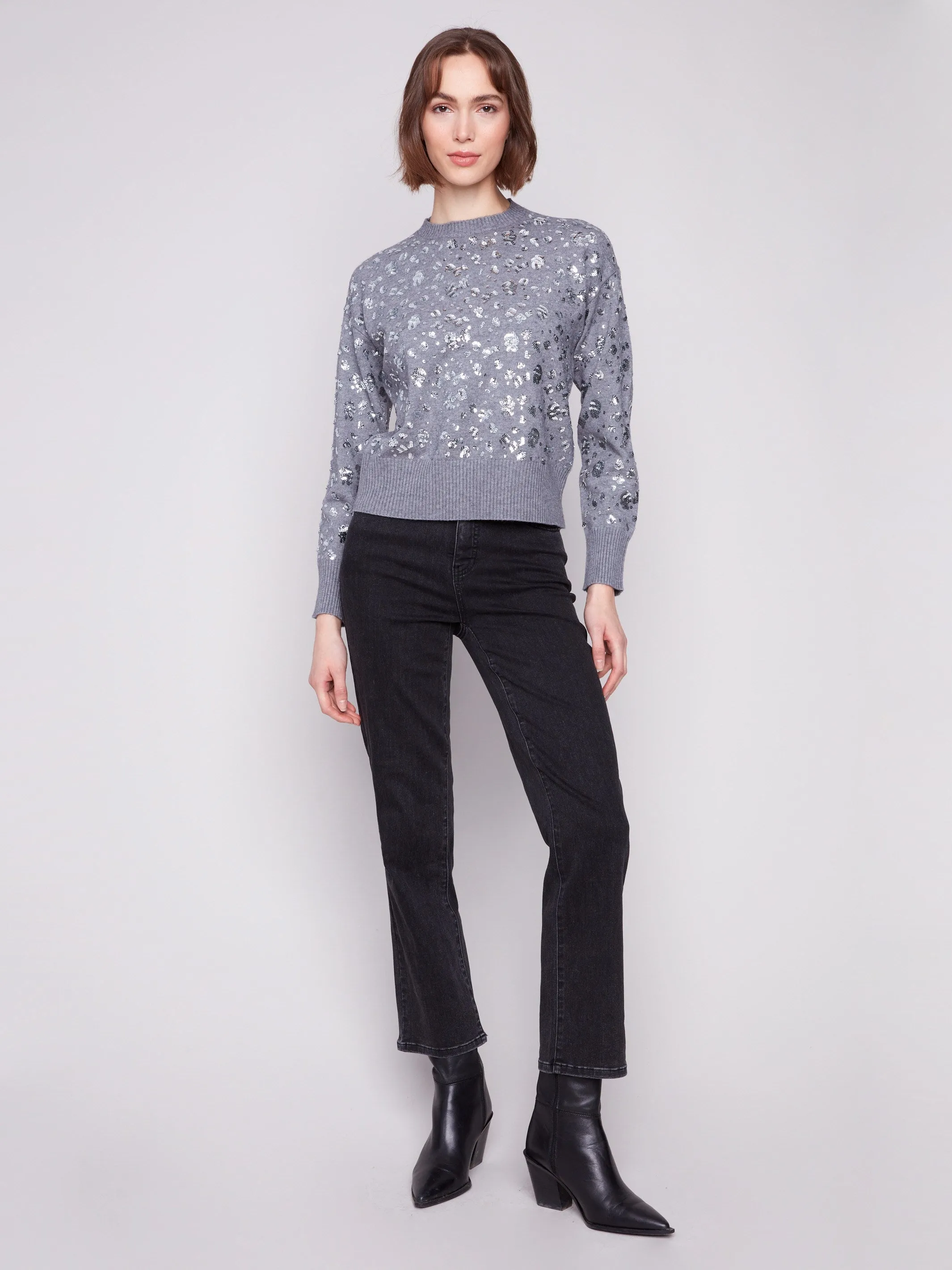 Sequined Crew Neck Sweater - Dark Heather Grey sold by Charlie B product image thumbnail 4