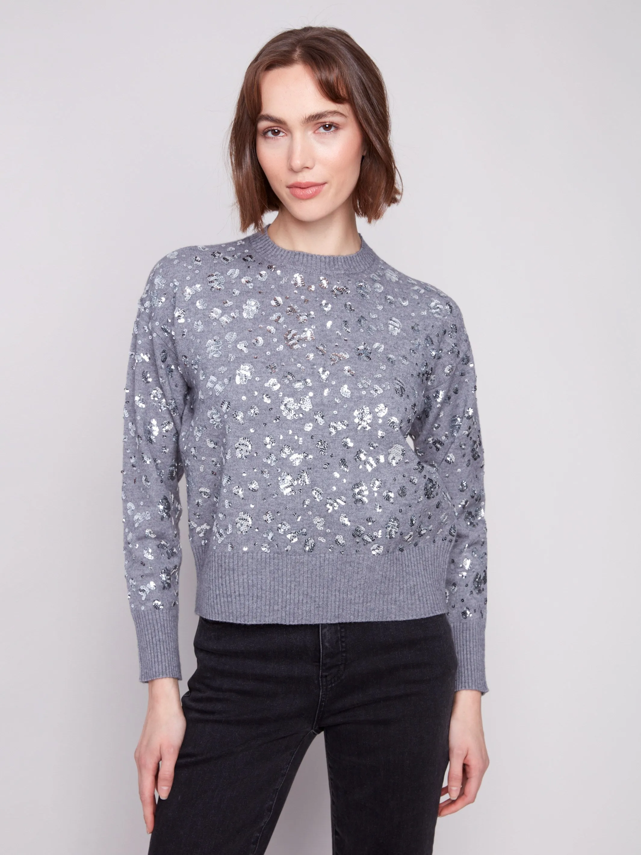 Sequined Crew Neck Sweater - Dark Heather Grey sold by Charlie B