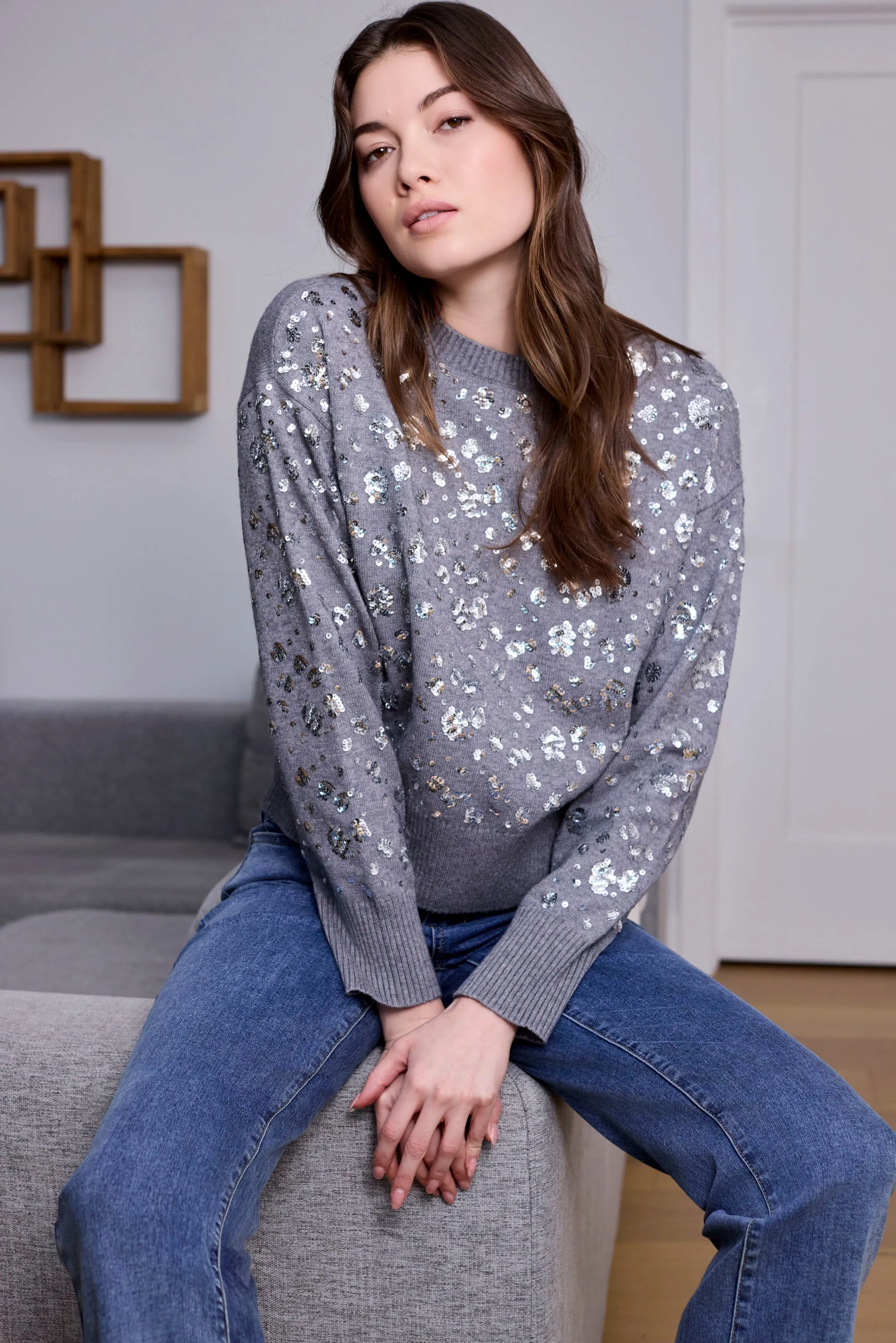 Sequined Crew Neck Sweater - Dark Heather Grey sold by Charlie B product image thumbnail 5
