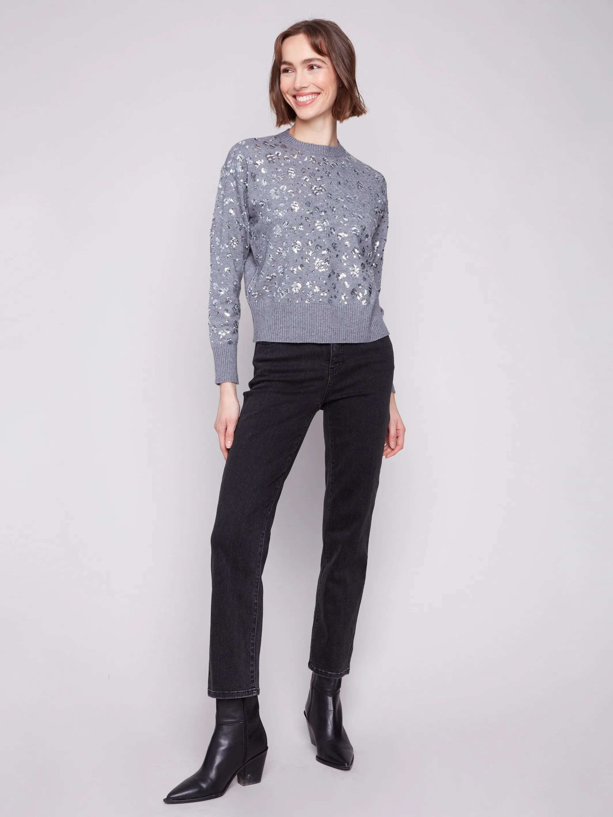 Sequined Crew Neck Sweater - Dark Heather Grey sold by Charlie B product image thumbnail 2