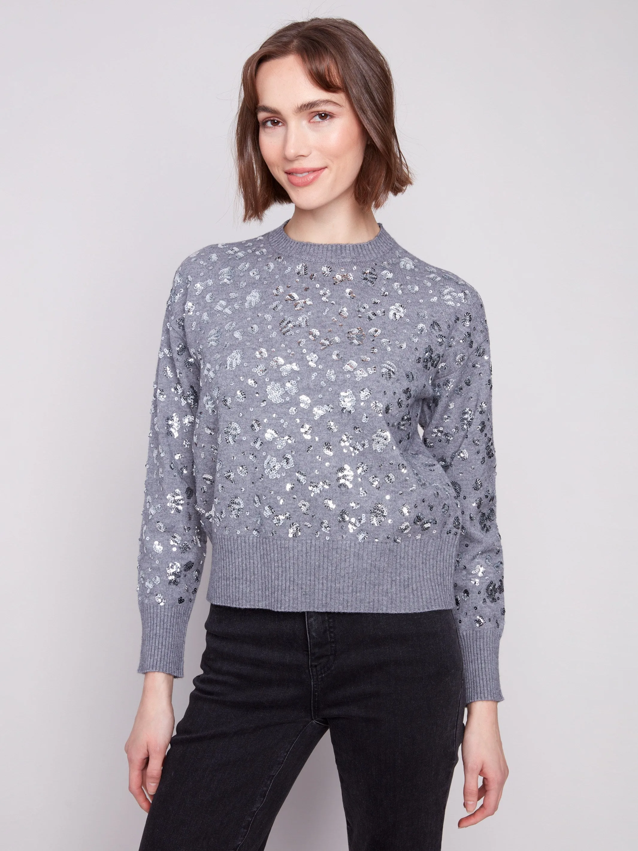 Sequined Crew Neck Sweater - Dark Heather Grey sold by Charlie B product image thumbnail 3