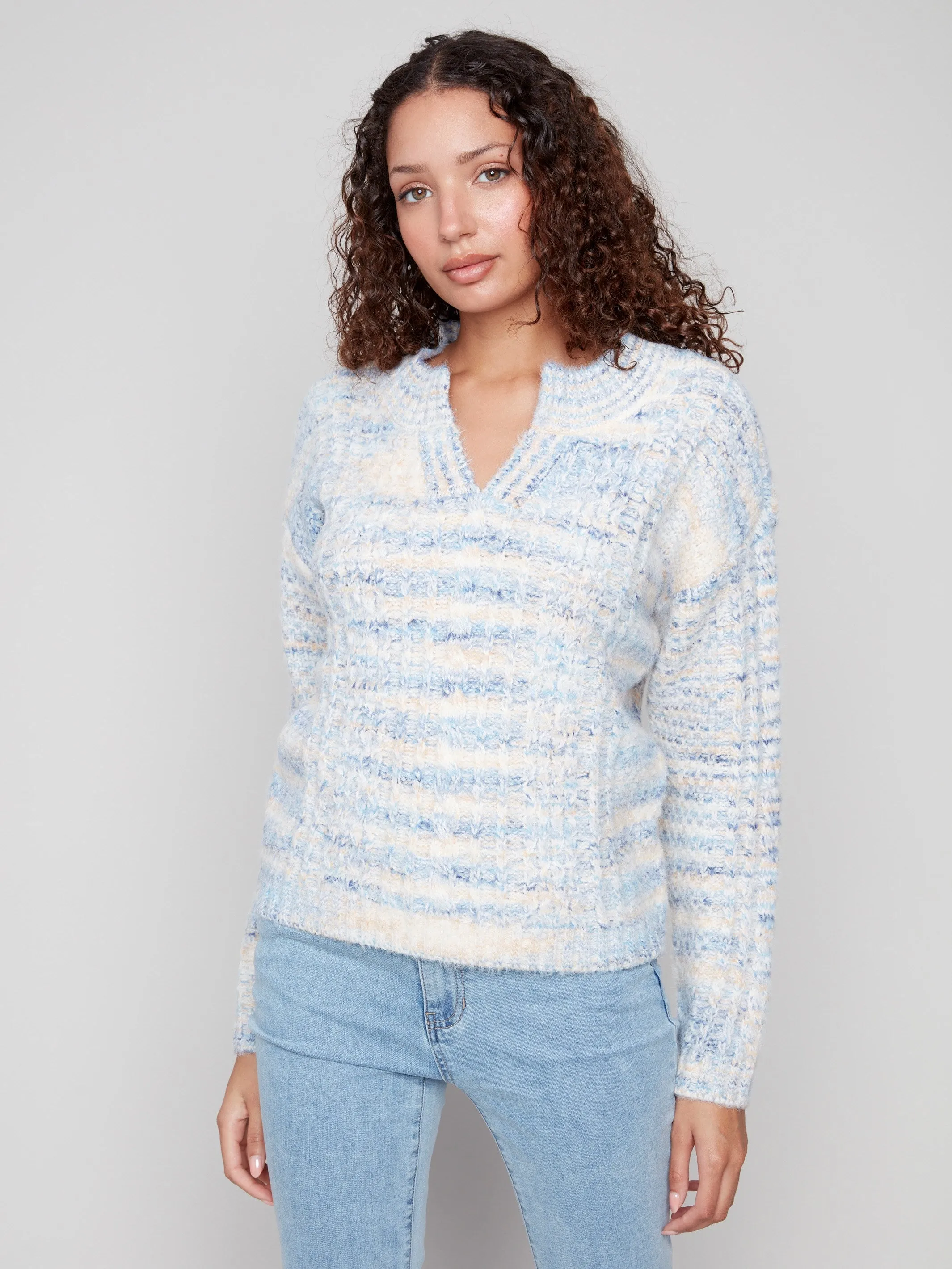 Notch Neck Cable Knit Sweater - Denim sold by Charlie B product image thumbnail 3