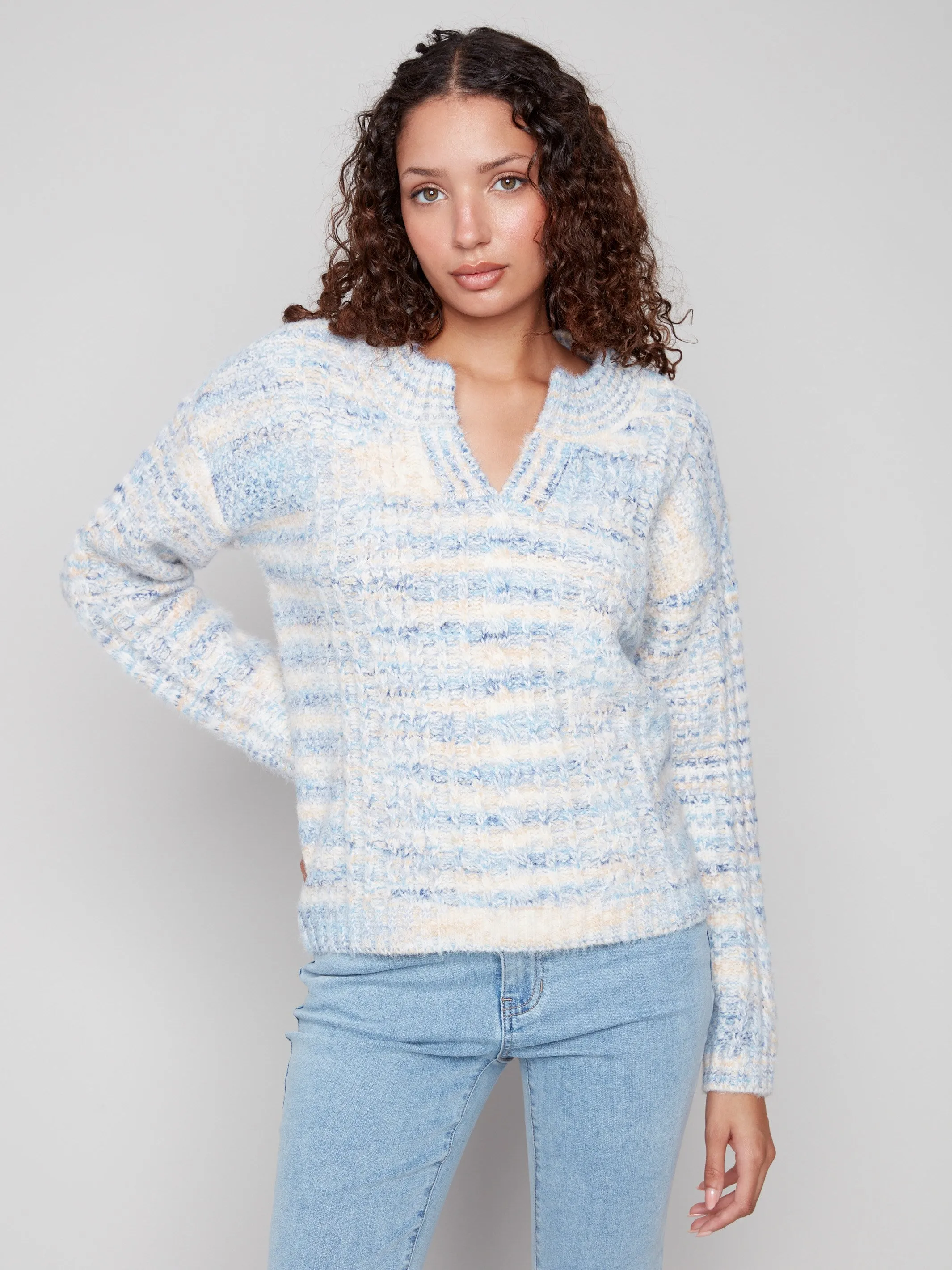 Notch Neck Cable Knit Sweater - Denim sold by Charlie B