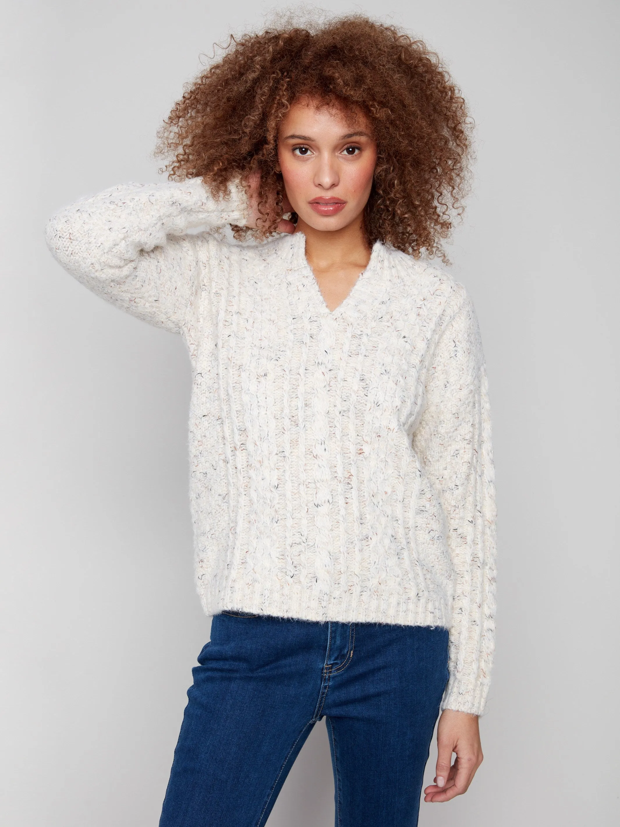 Notch Neck Cable Knit Sweater - Ecru sold by Charlie B product image thumbnail 2