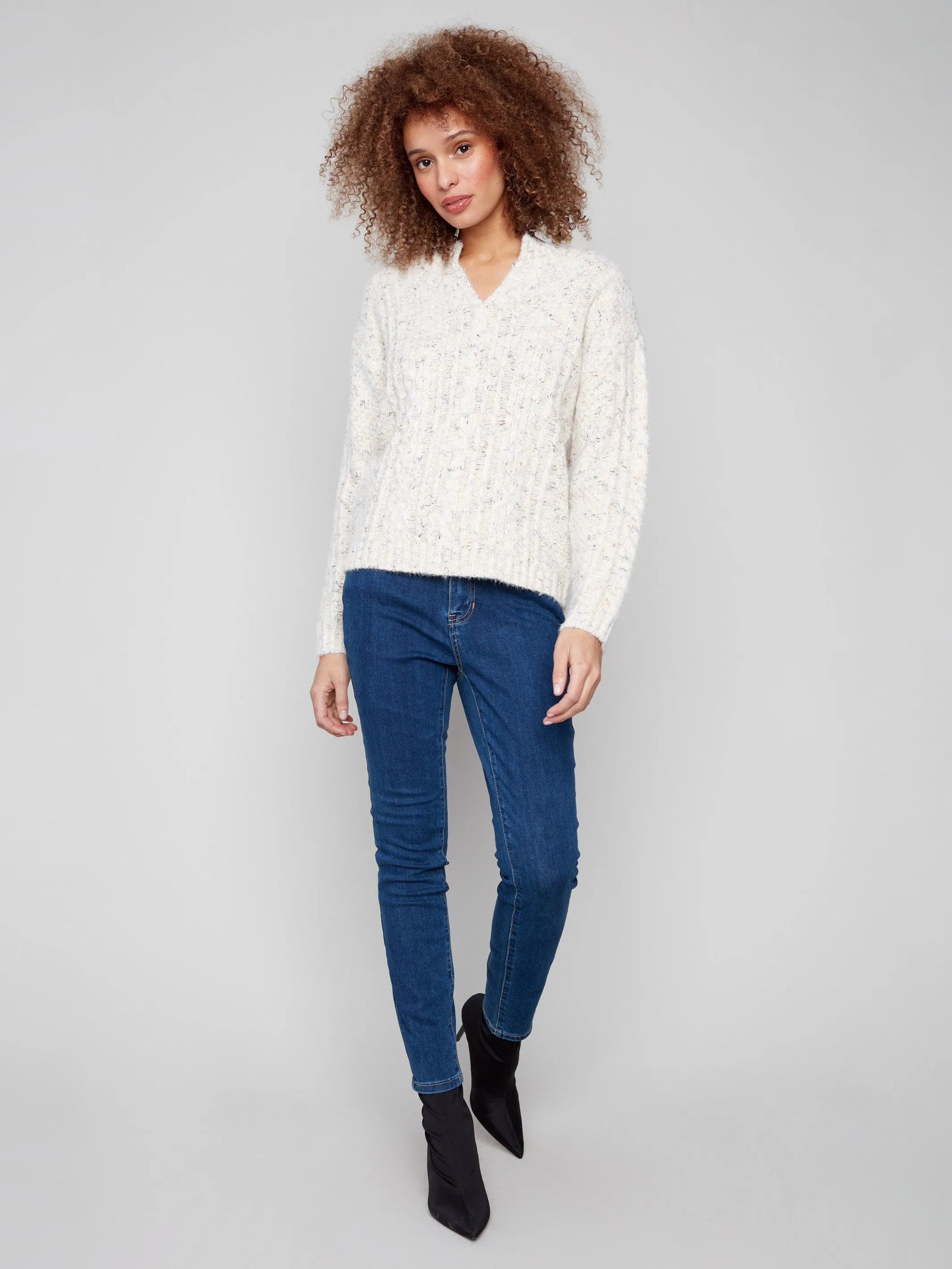 Notch Neck Cable Knit Sweater - Ecru sold by Charlie B product image thumbnail 3